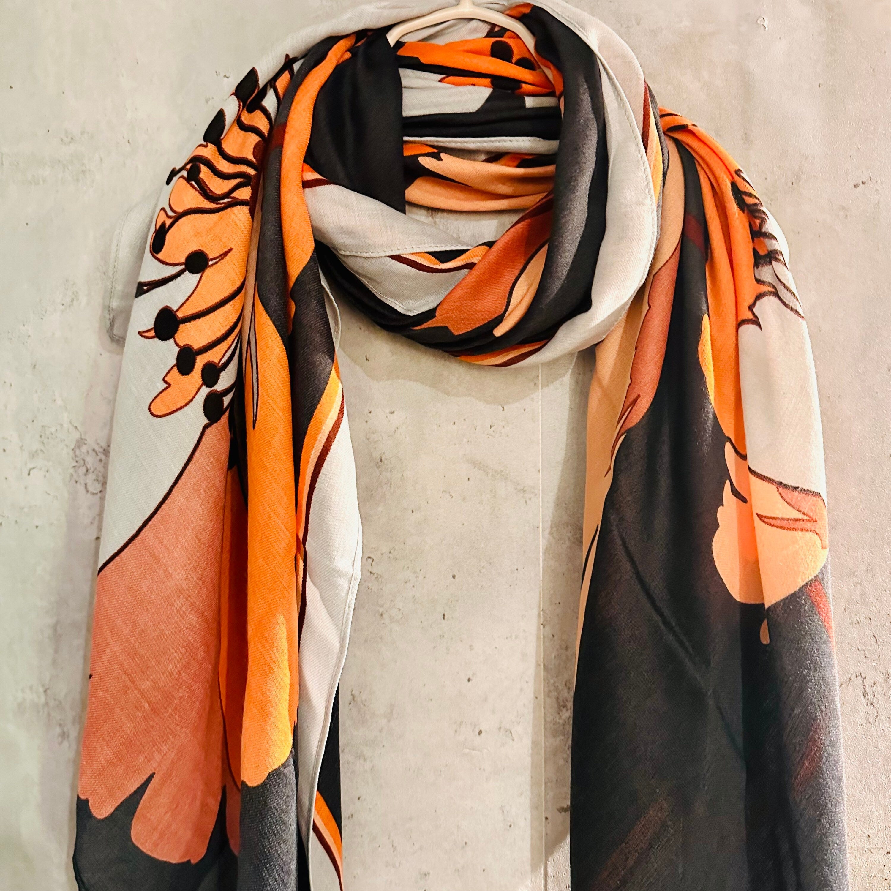 Orange Black Organic Cotton Scarf with Huge Sketched Peony Flower