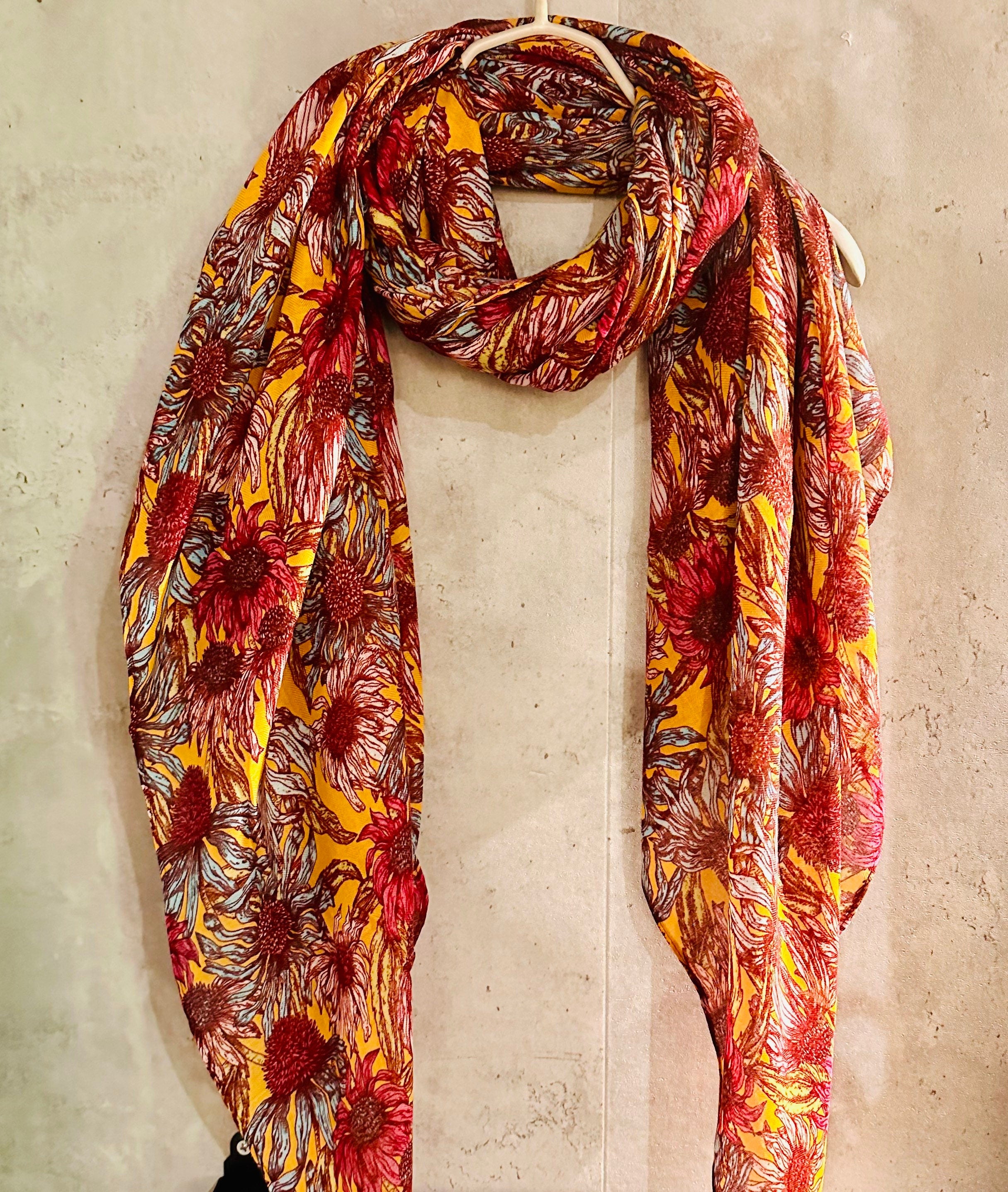 Maroon Red Organic Cotton Scarf with Eco-Friendly Sketched Sunflowers