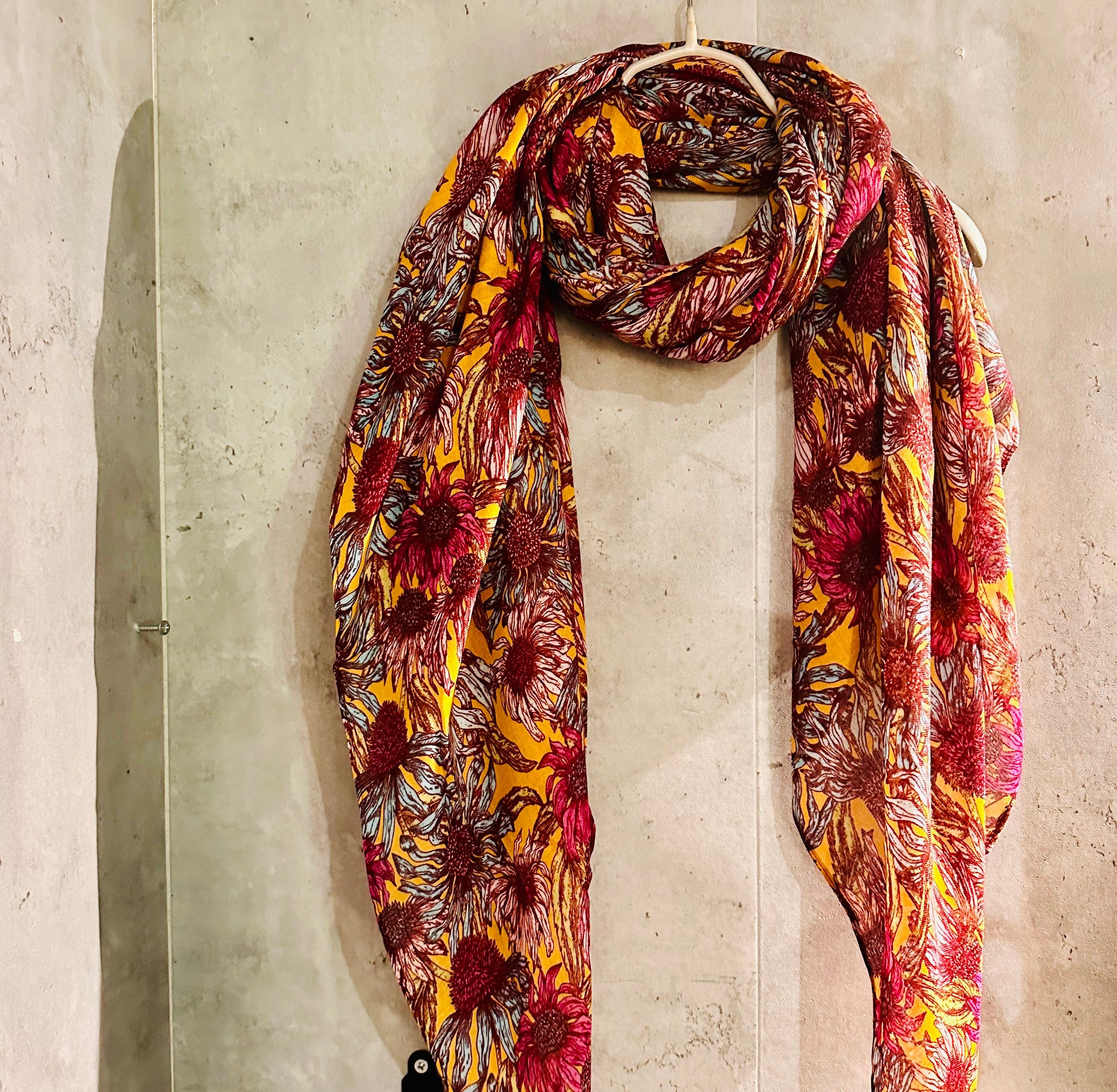 Maroon Red Organic Cotton Scarf with Eco-Friendly Sketched Sunflowers