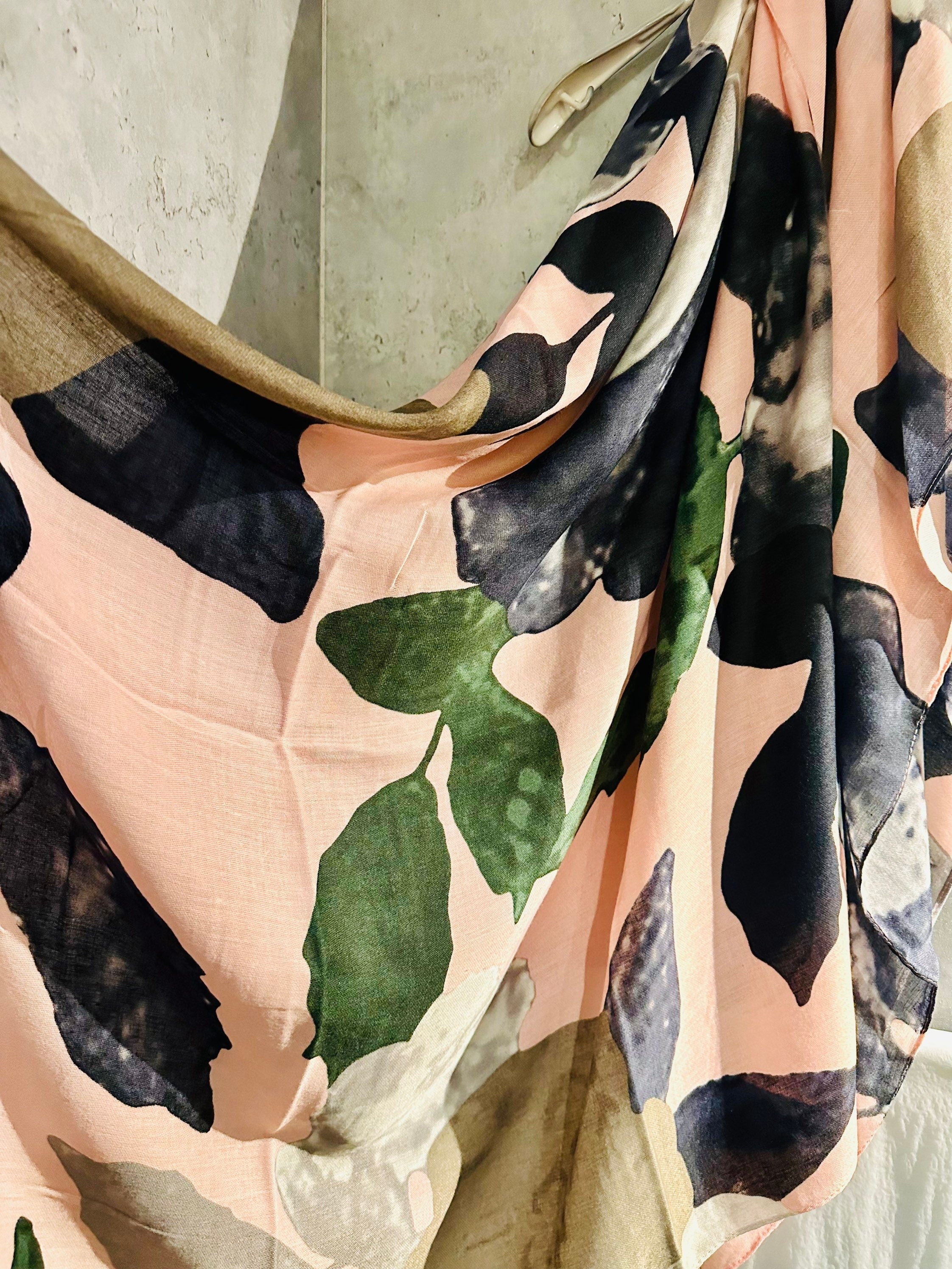 ECO Friendly Scarf Huge Flower Leaf Pink Grey Orange Organic Cotton Scarf