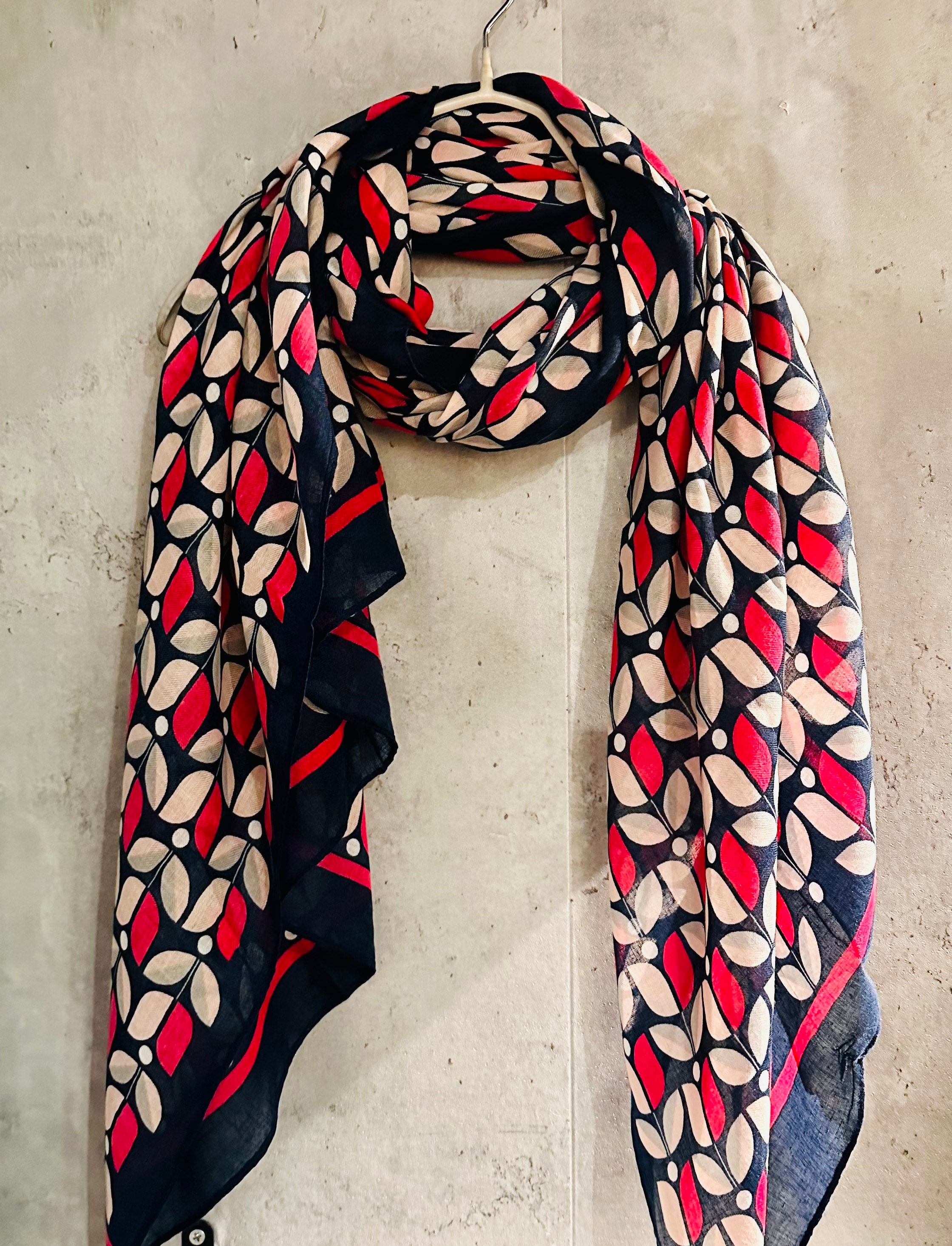 Blue Pink Organic Cotton Scarf with Eco-Friendly Retro Seamless Flowers