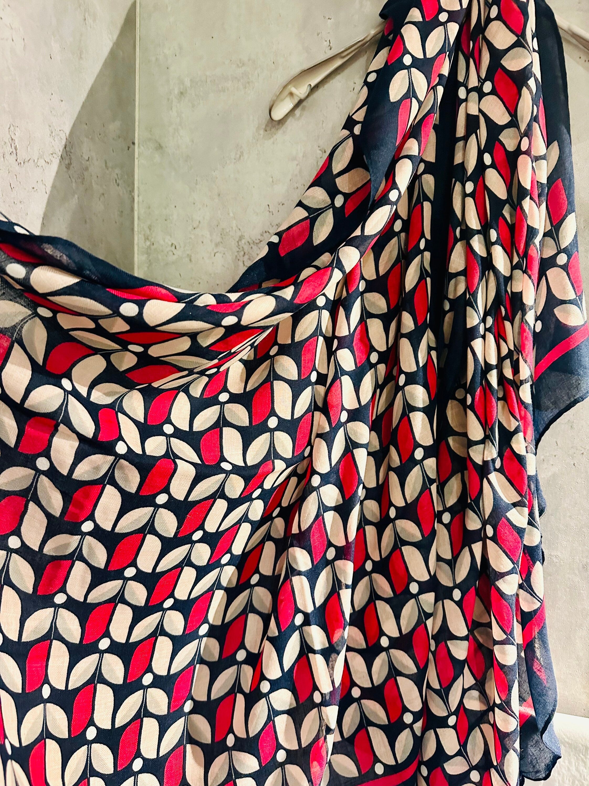 Blue Pink Organic Cotton Scarf with Eco-Friendly Retro Seamless Flowers