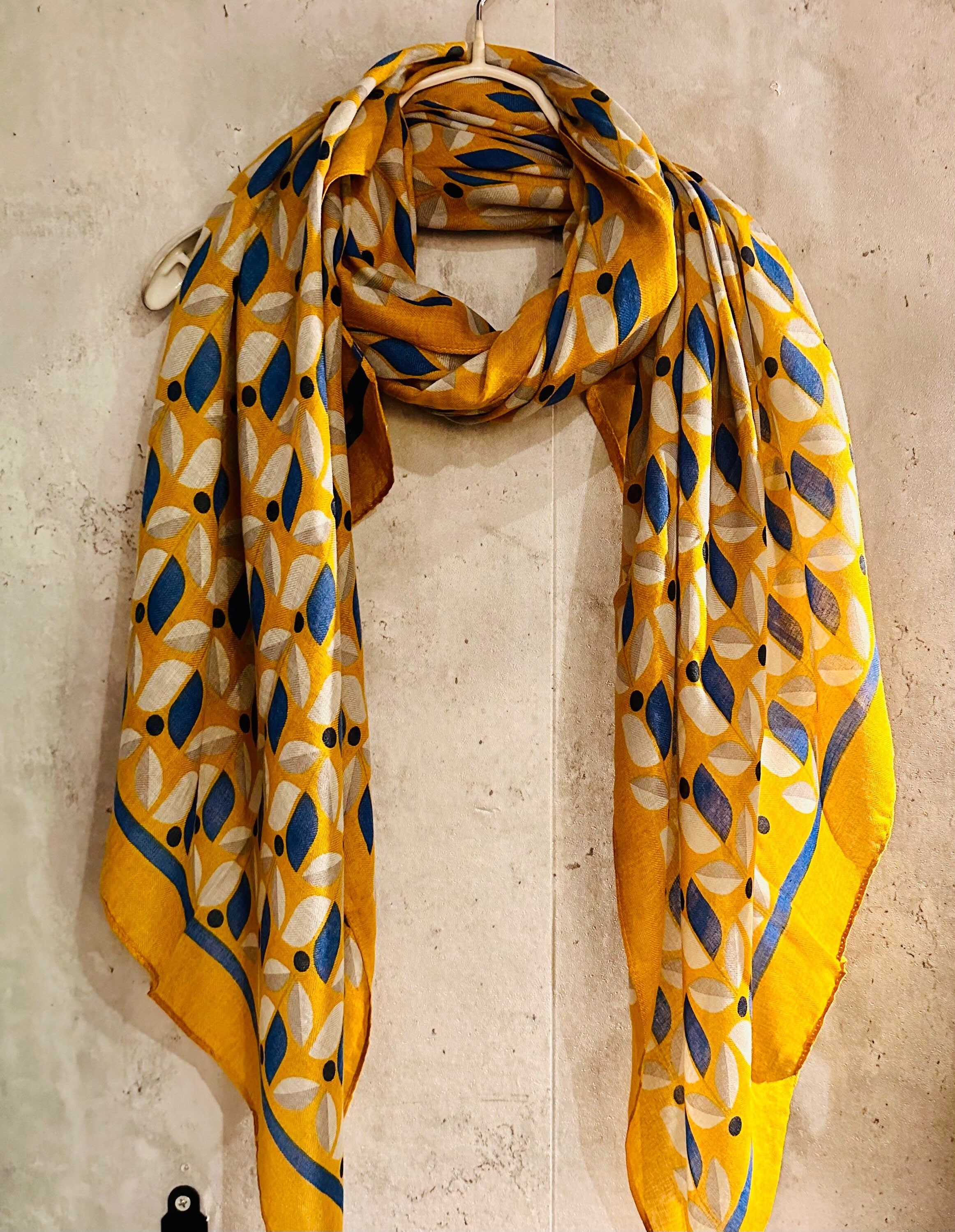 Yellow Blue Organic Cotton Scarf with Eco-Friendly Retro Seamless Flowers