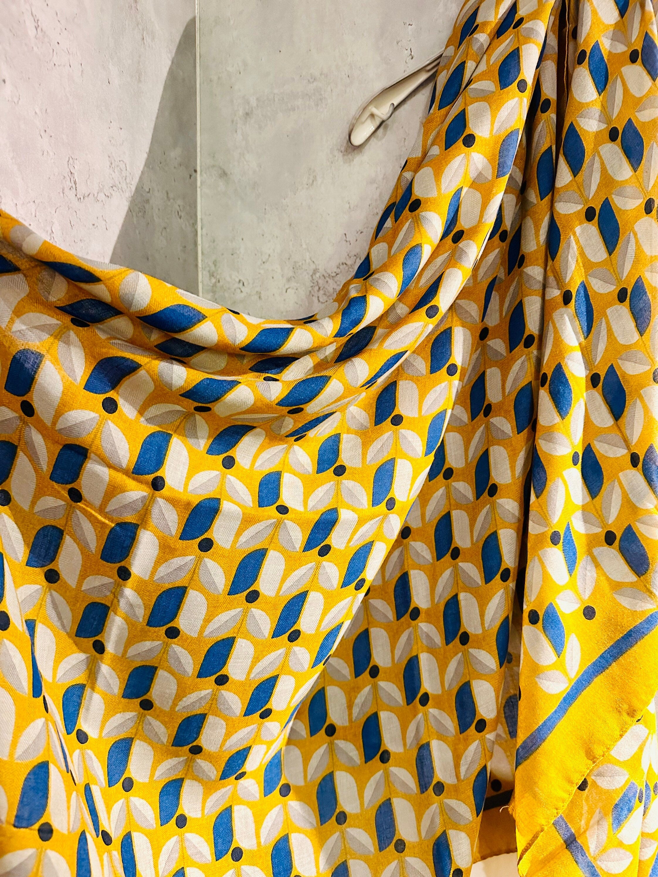 Yellow Blue Organic Cotton Scarf with Eco-Friendly Retro Seamless Flowers
