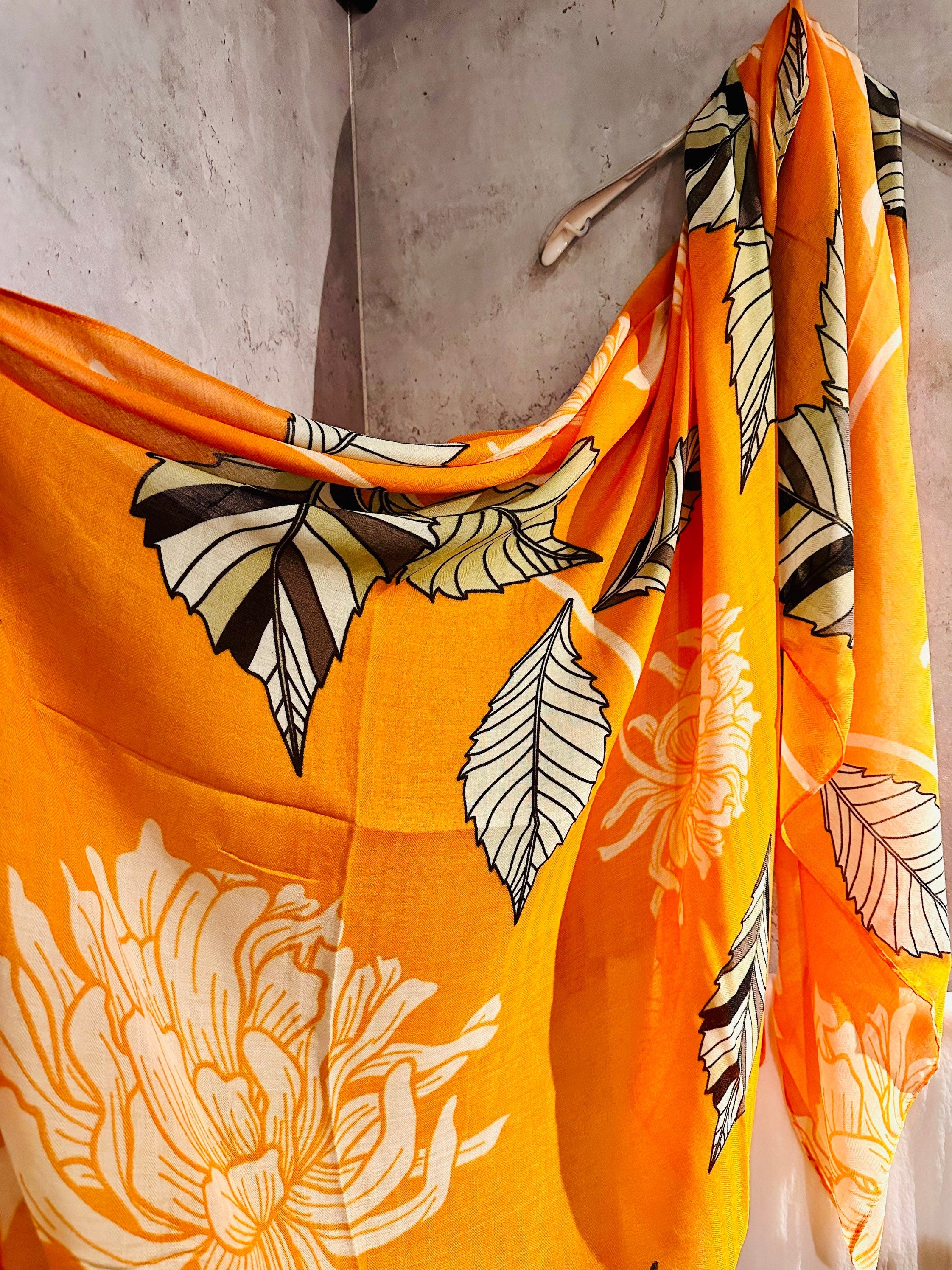 ECO Friendly Sketched Peony Flowers Leaves Organic Cotton Orange Scarf