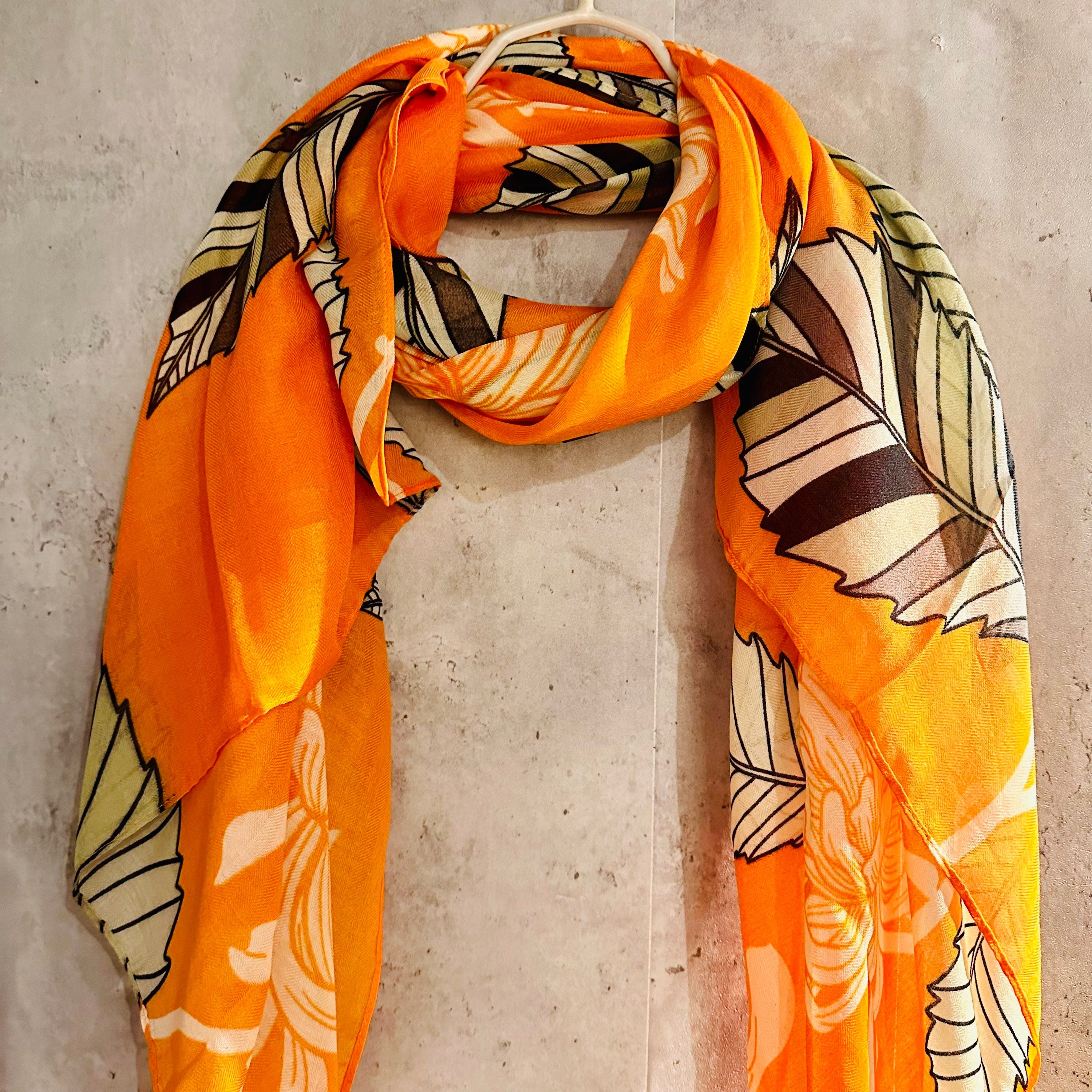 ECO Friendly Sketched Peony Flowers Leaves Organic Cotton Orange Scarf