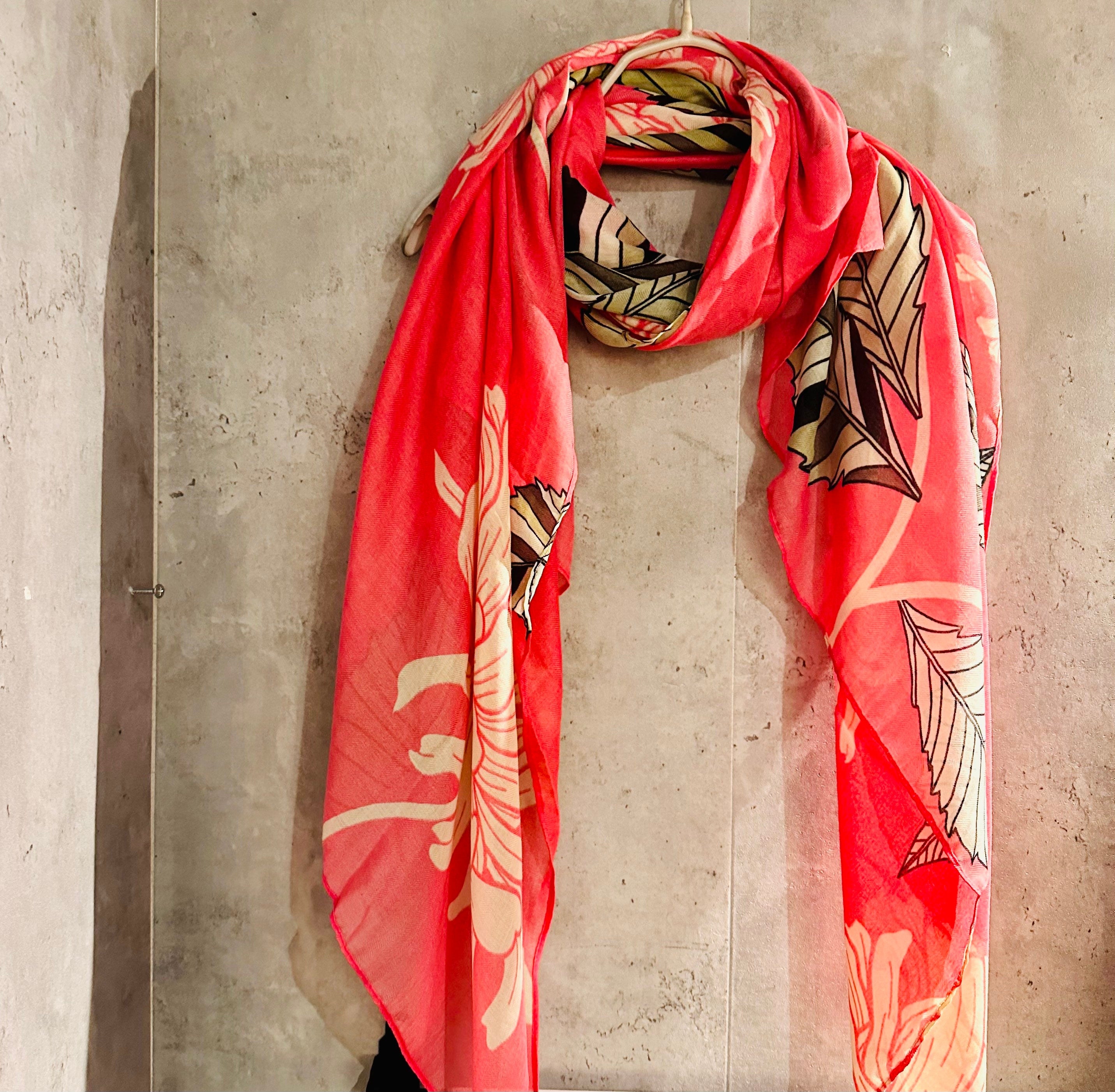 ECO Friendly Sketched Peony Flowers Leaves Organic Cotton Pink Scarf