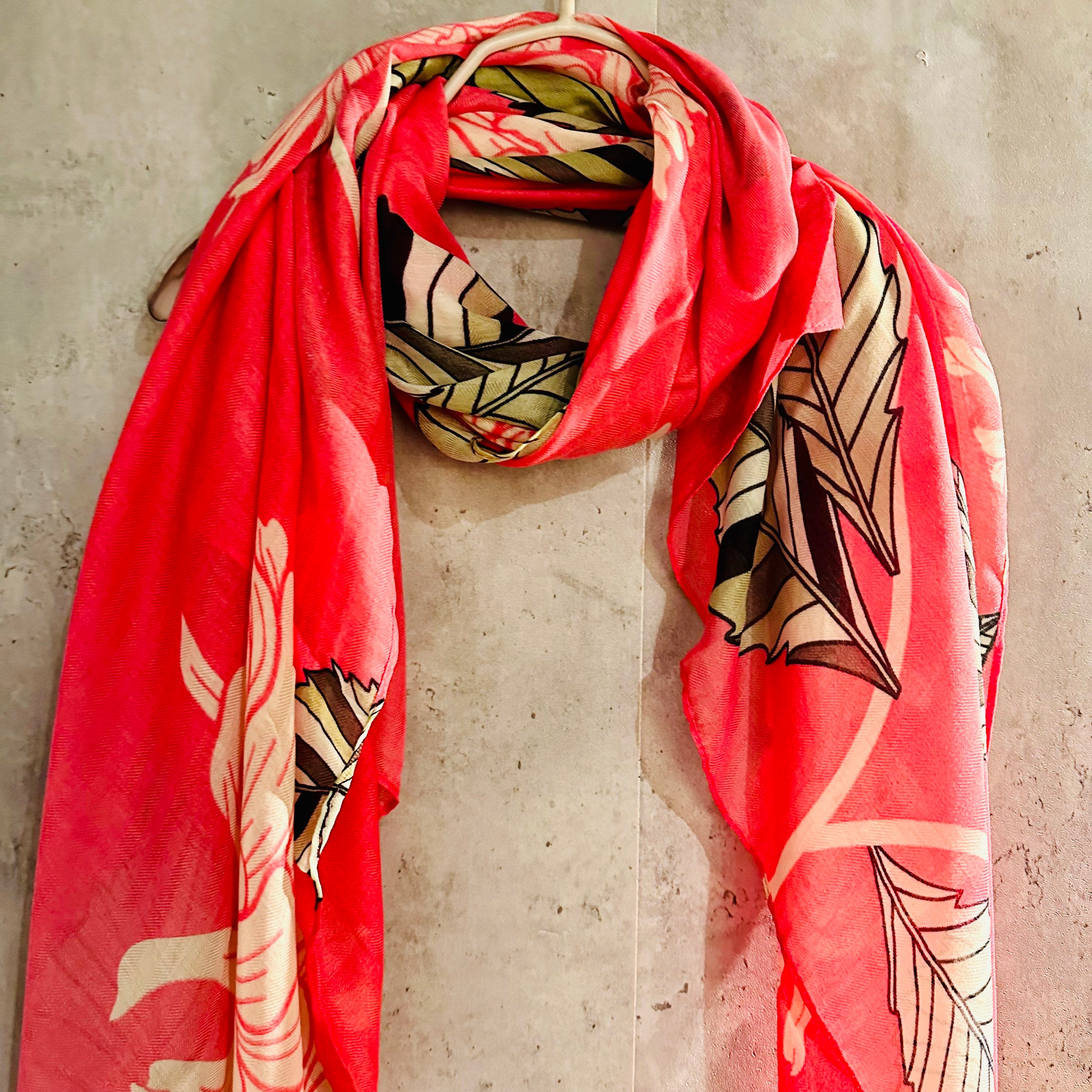 ECO Friendly Sketched Peony Flowers Leaves Organic Cotton Pink Scarf