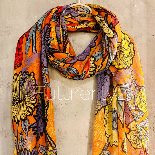 Purple Orange Organic Cotton Scarf with Sketched Flowers and Leaves – An Eco-Friendly Gift for Mom, Perfect for Birthday and Christmas Celebrations
