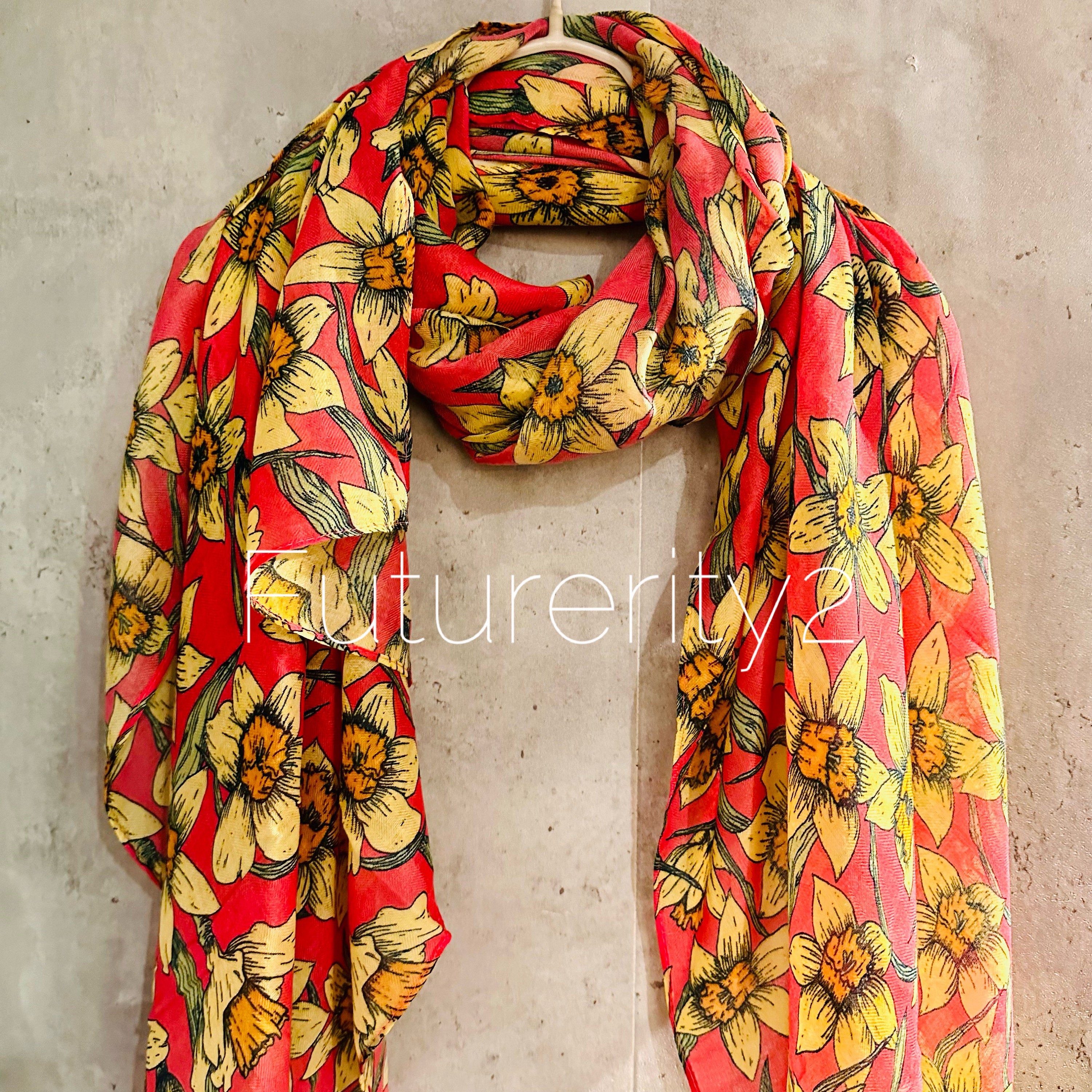 Dark Blue Organic Cotton Scarf with Eco-Friendly Seamless Daffodil Flowers