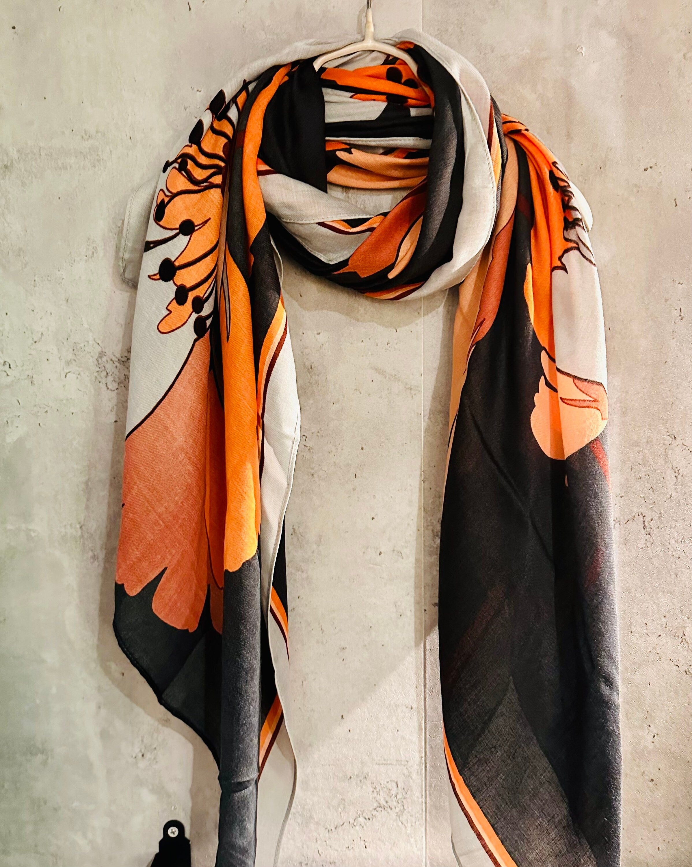 Orange Black Organic Cotton Scarf with Huge Sketched Peony Flower