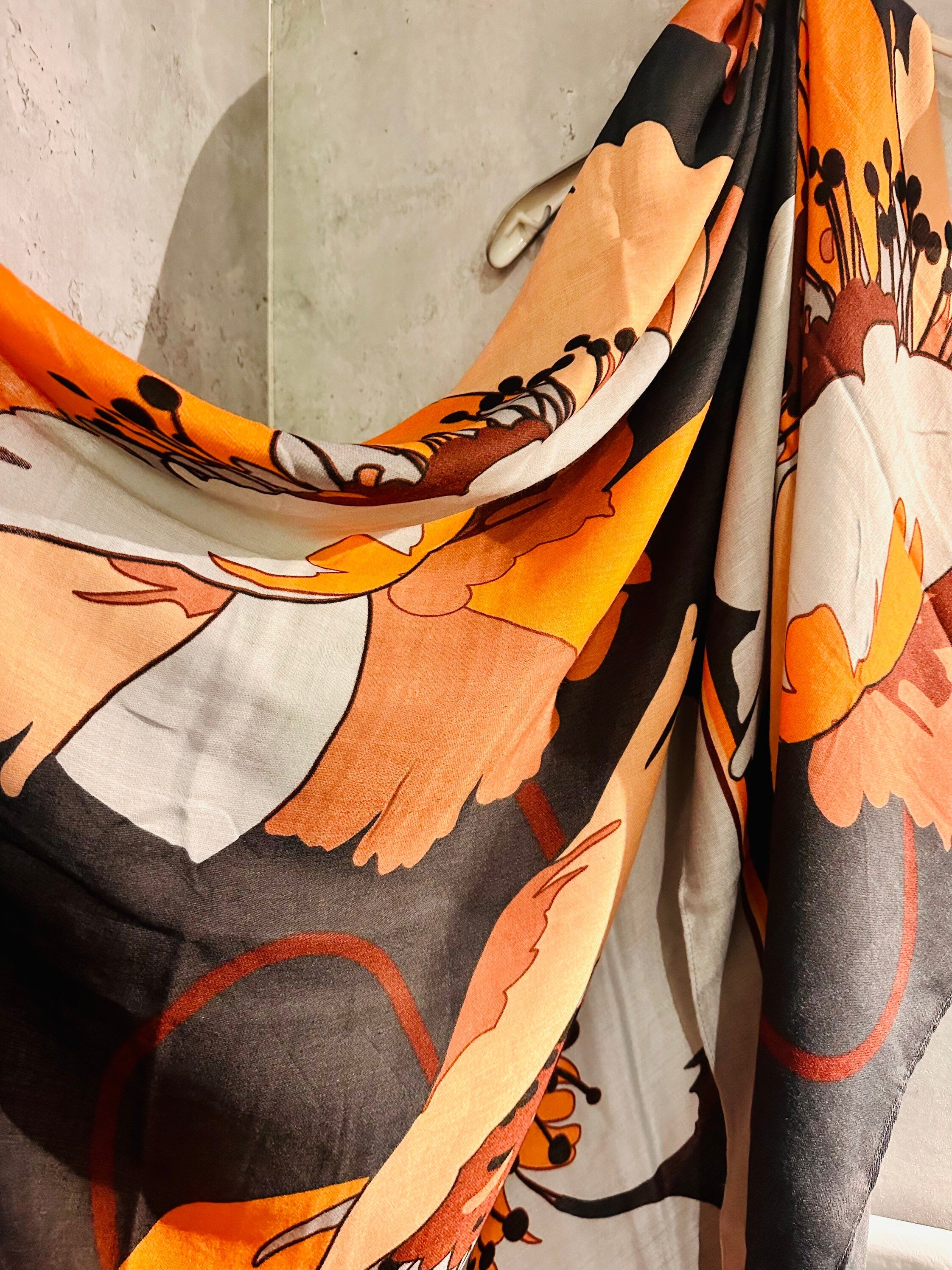 Orange Black Organic Cotton Scarf with Huge Sketched Peony Flower