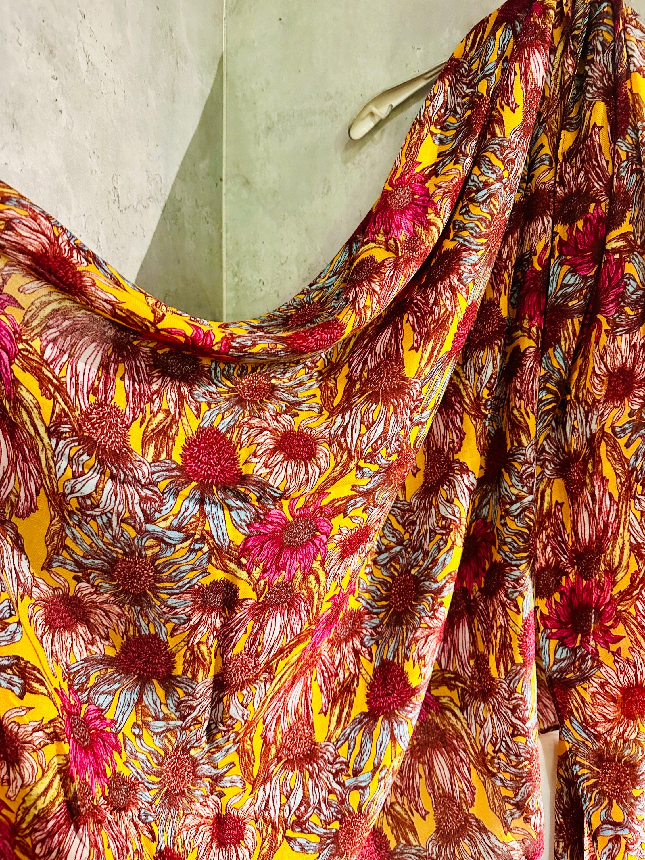 Maroon Red Organic Cotton Scarf with Eco-Friendly Sketched Sunflowers