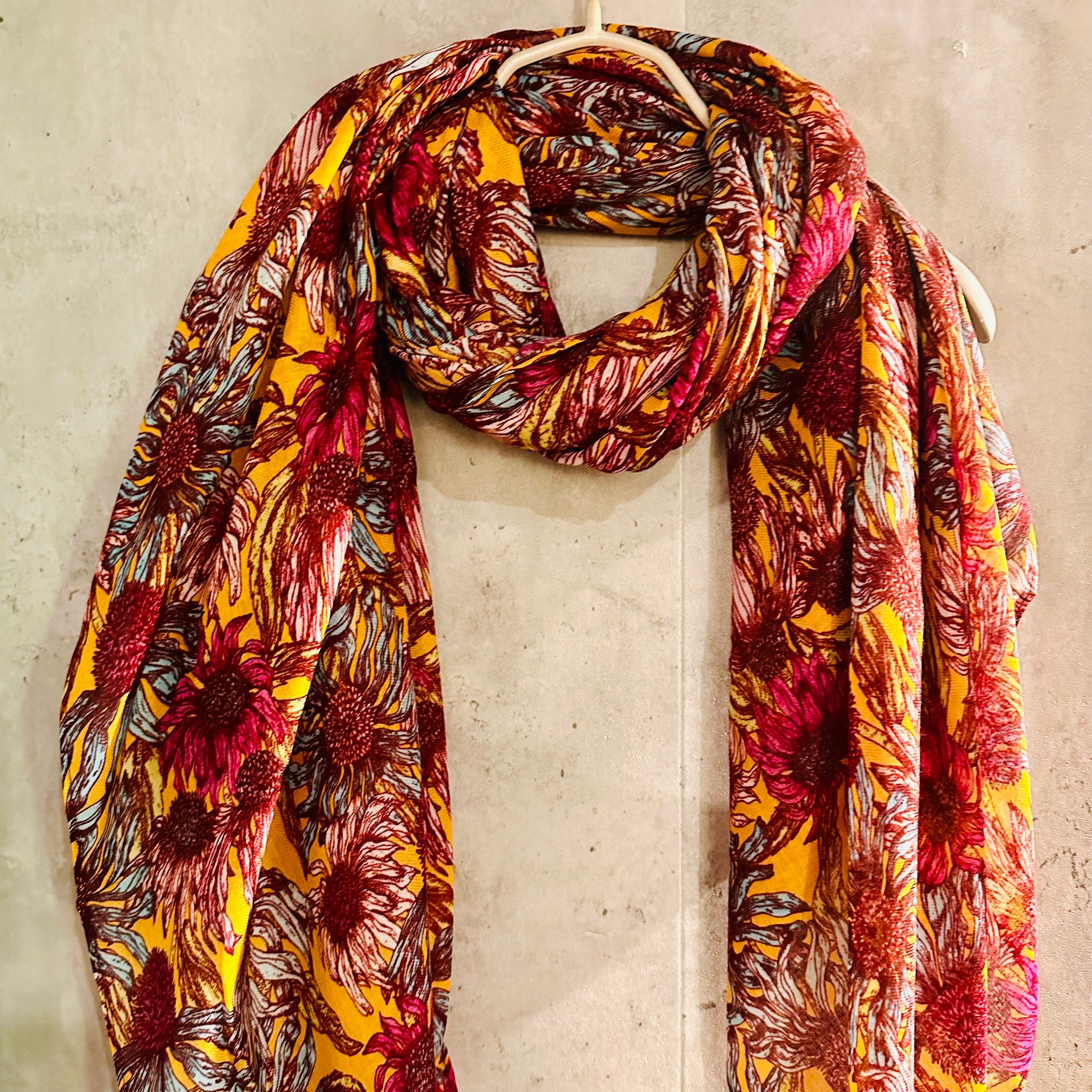 Maroon Red Organic Cotton Scarf with Eco-Friendly Sketched Sunflowers