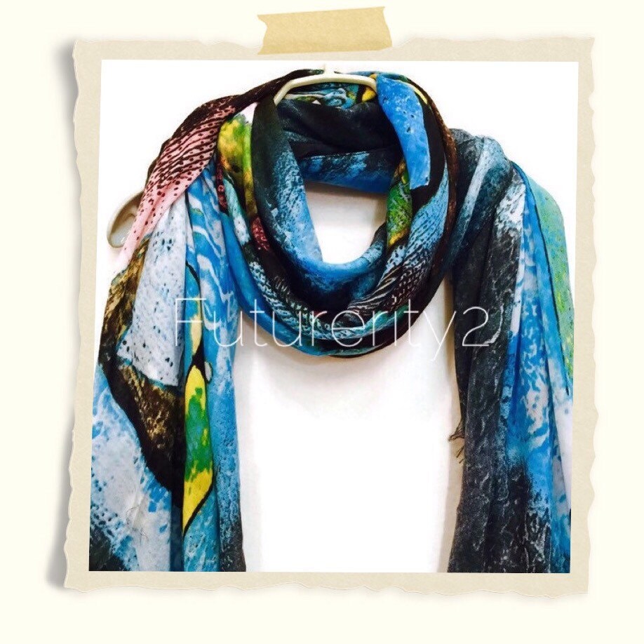 Geometric Prints In Blue Cashmere Blend Scarf,Spring Summer Autumn Scarf