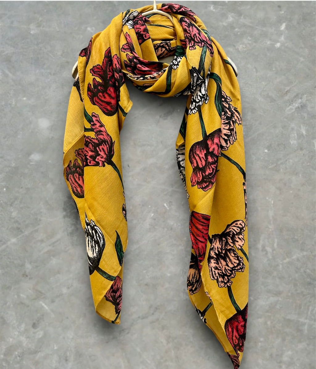 Mustard Yellow Scarf with Eco-Friendly Sketched Parrot Tulips Flower Design