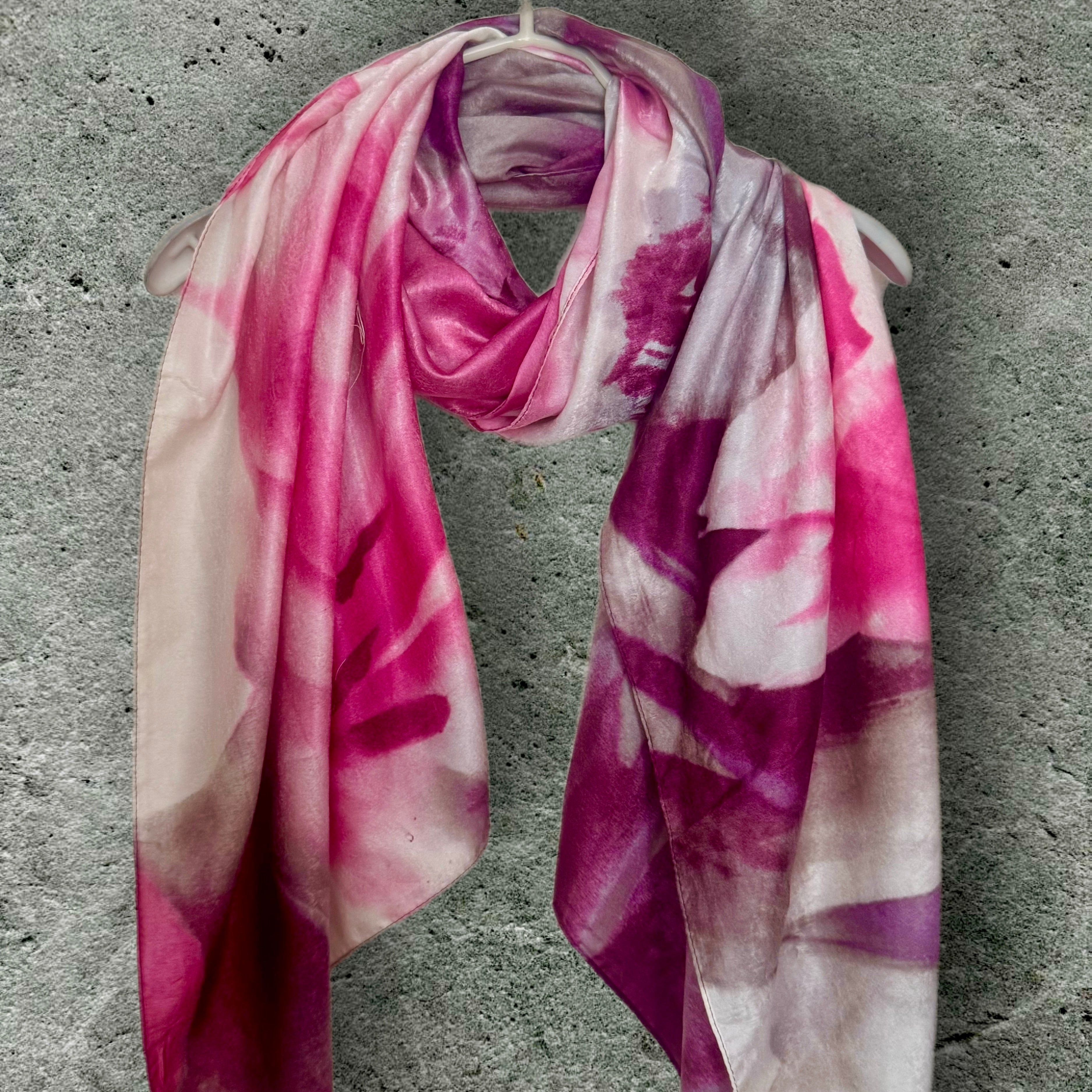 Abstract Watercolour Silk Scarf for Women in Pink/Purple,Luxury Lightweight Shawl,Ideal Gift for Her,Mom and Christmas