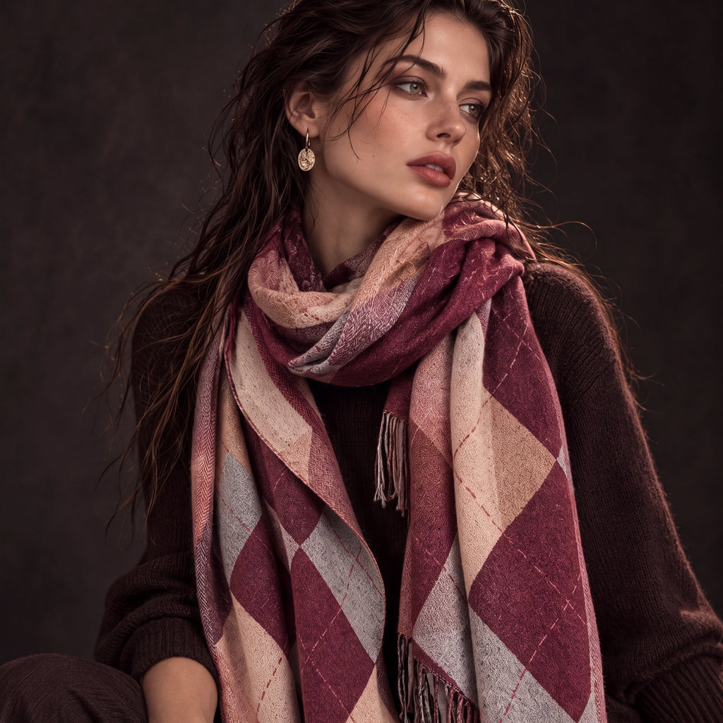 Burgundy Argyle Reversible Winter Scarf