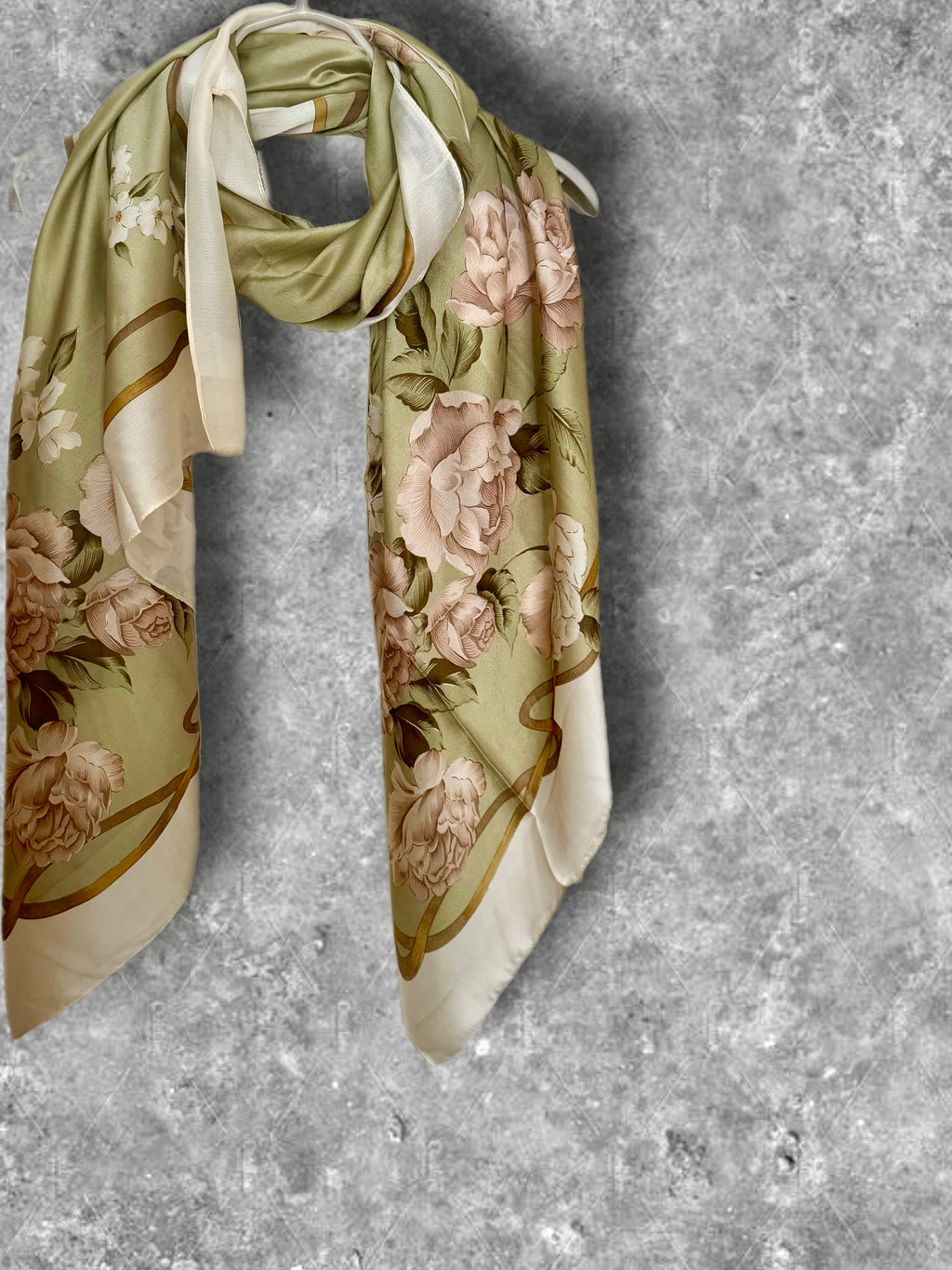 Olive Green Womens Silk Scarf with White Rose Floral Design,Lightweight Spring Sumner Wrap