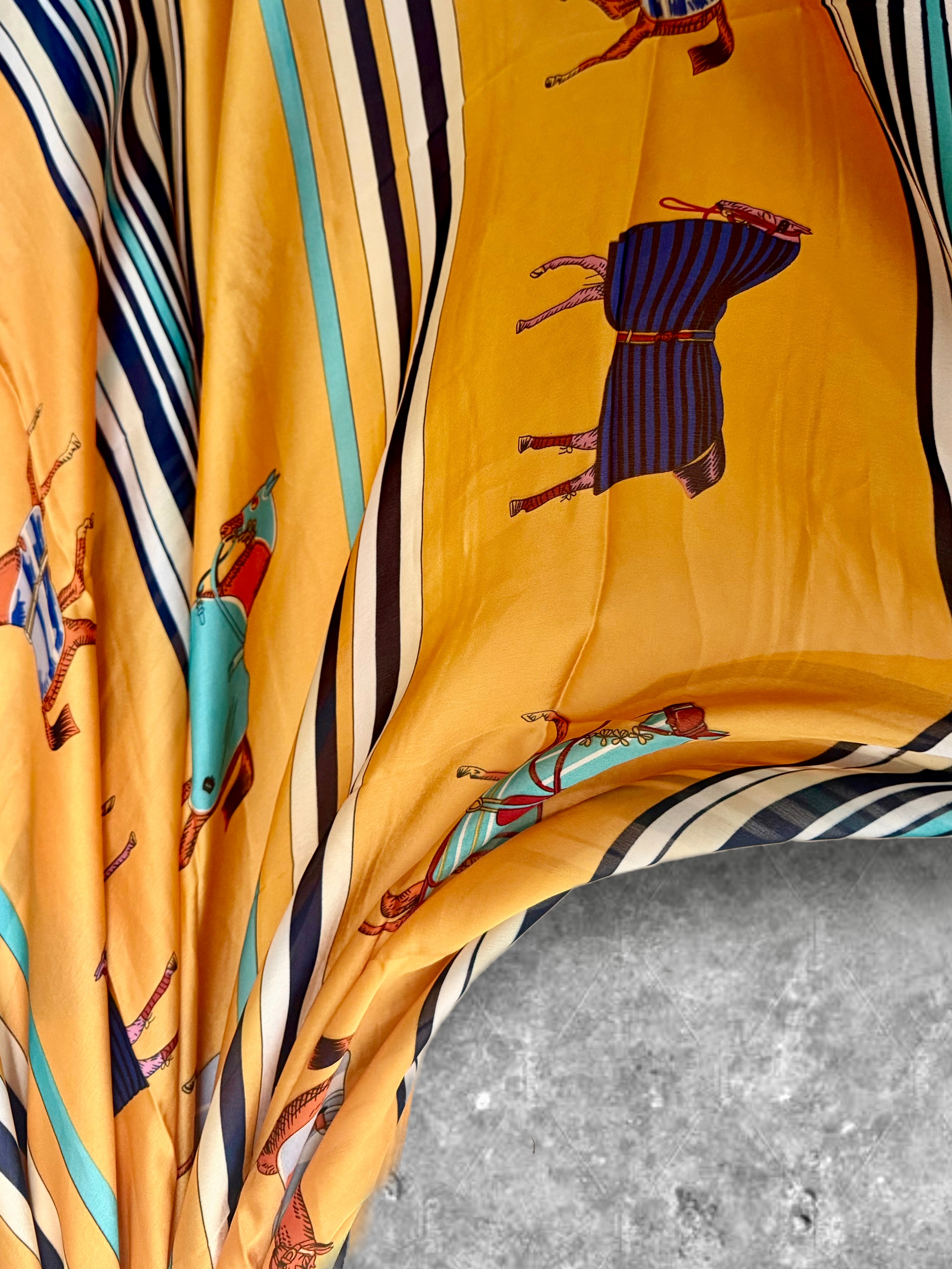 Yellow Silk Scarf for Women,Horse Print Striped Shawl,Equestrian Style Lightweight Summer Wrap