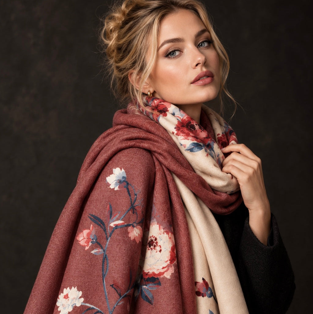 Beige & Brown Burgundy Peony Flowers Reversible Winter Scarf