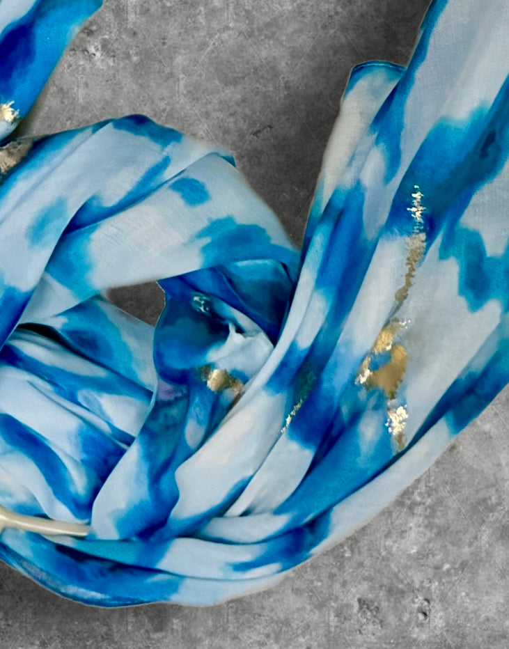 Blue Abstract Print Lightweight Cotton Scarf, Airy Summer Shawl with Gold Detail