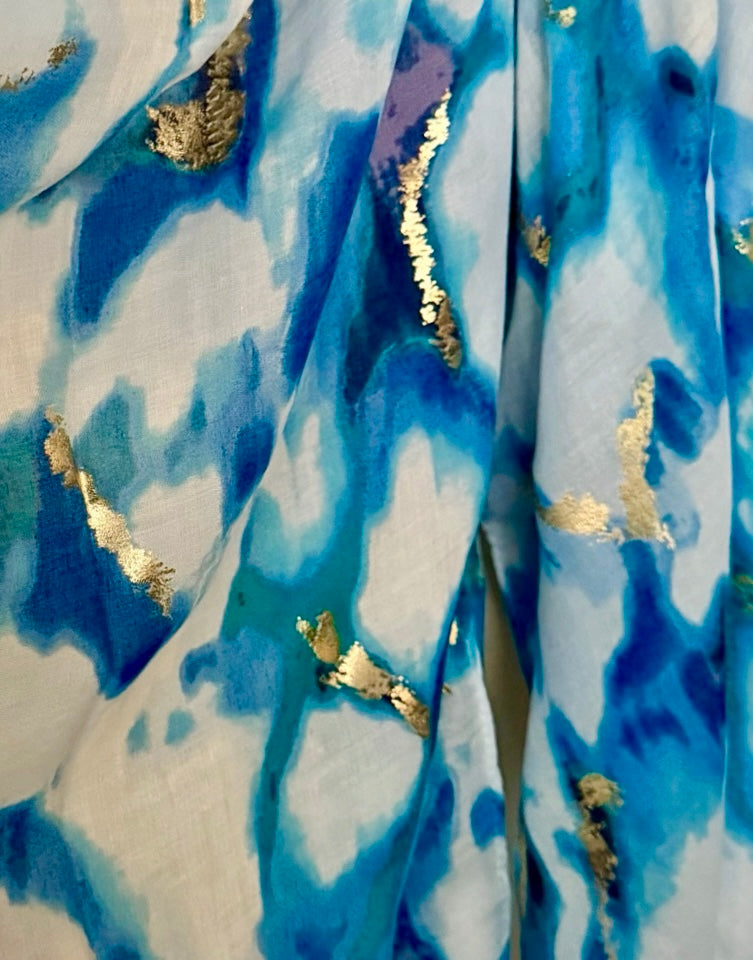 Blue Abstract Print Lightweight Cotton Scarf, Airy Summer Shawl with Gold Detail