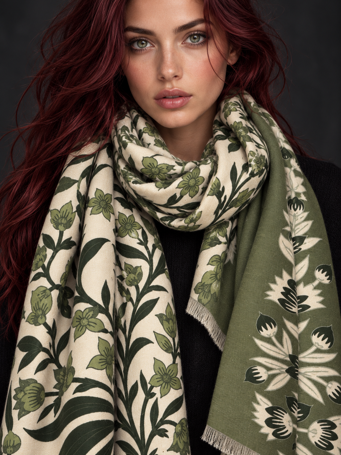 Beige and Olive Green Heritage Garden Floral Reversible Winter Scarf