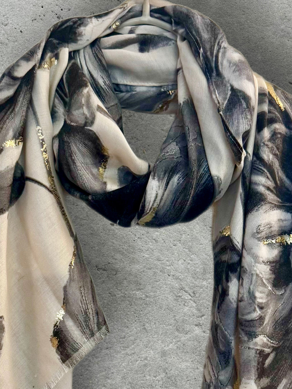 Elegant Grey Peony Scarf with Gold Highlights,Floral Sketch Wrap