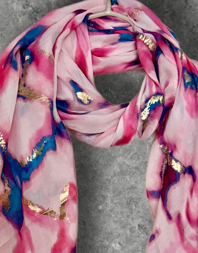 Pink Watercolor Cotton Scarf for Women,Lightweight Summer Shawl with Gold Foil Accents