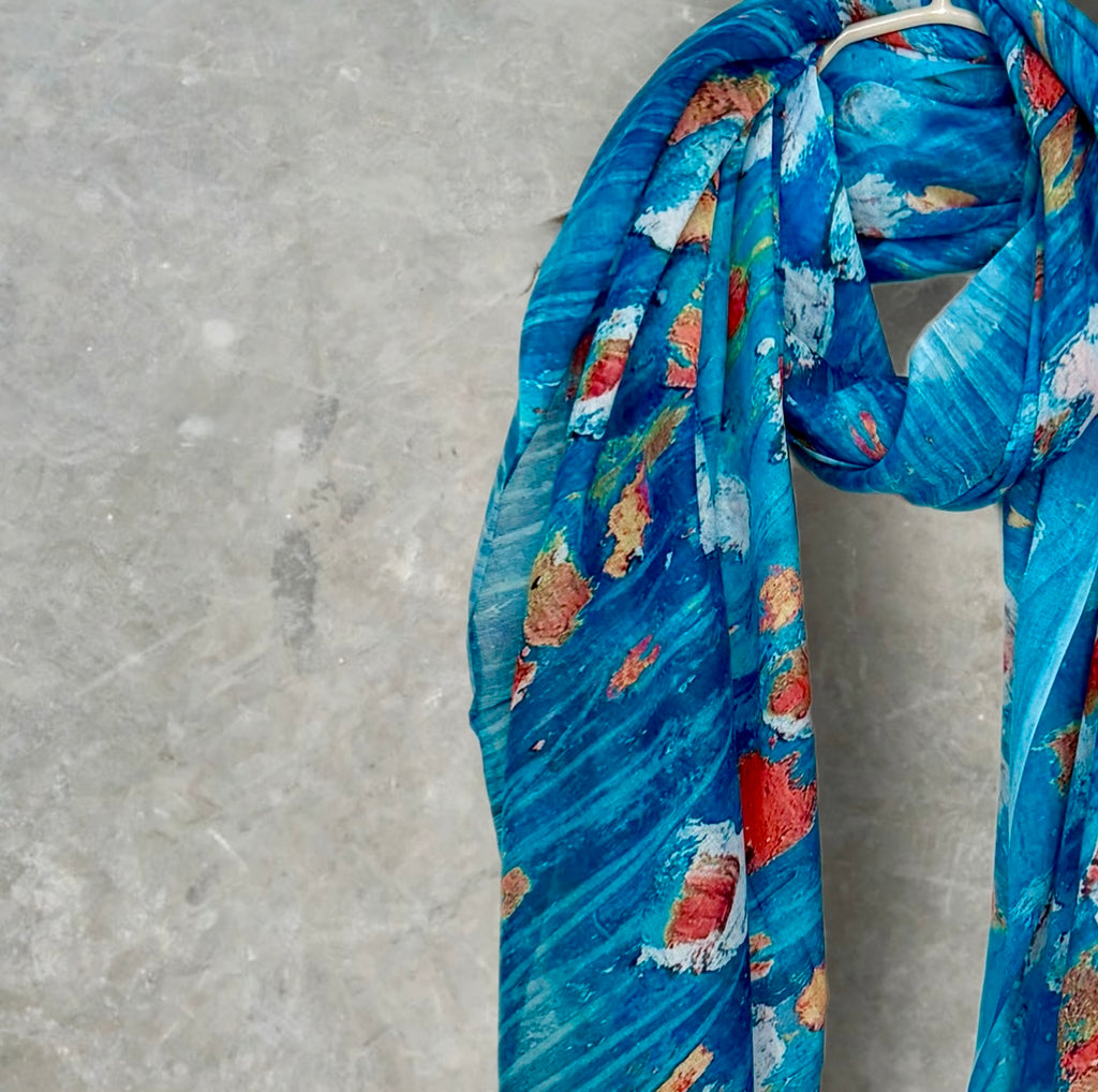 Blue Floral Abstract Cotton Scarf for Women,Lightweight Sheer Summer Wrap