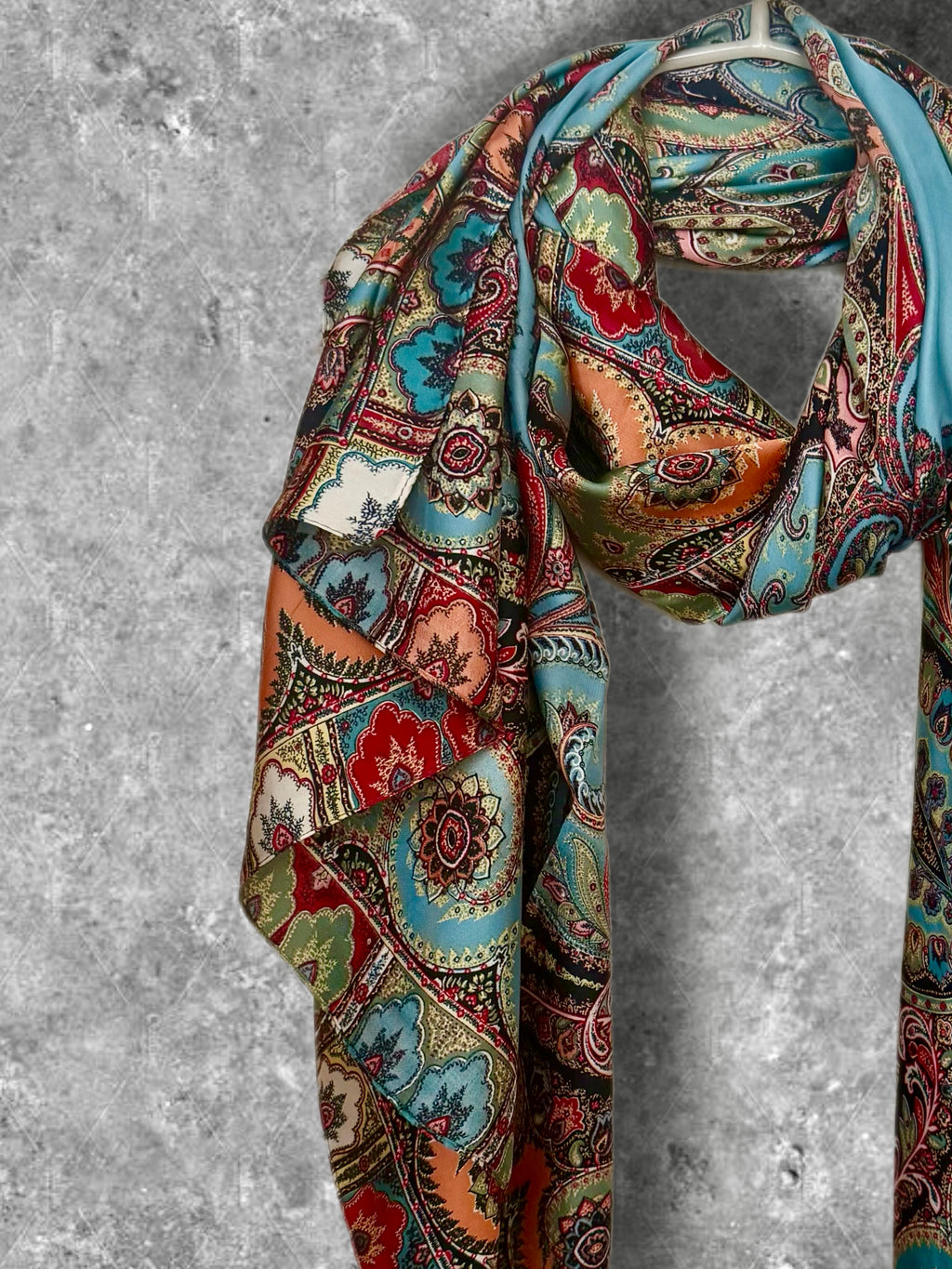 Boho Paisley Print Silk Scarf, Lightweight Shawl in Turquoise Blue for Women,Summer Wrap
