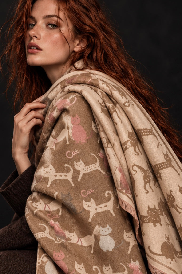 Taupe & Cream Cat Pattern Reversible Winter Scarf