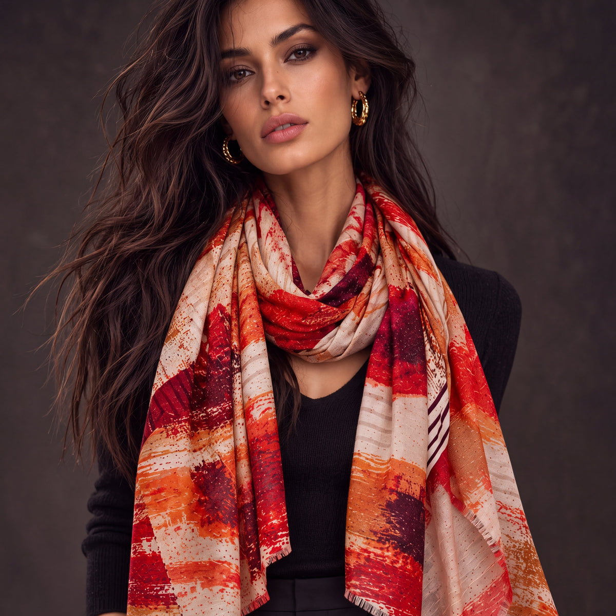 Red Burgundy and Beige Brushstroke Autumn Winter Scarf