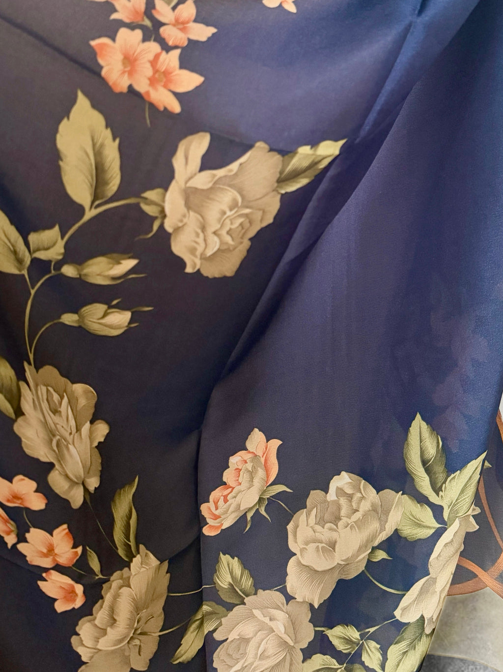 Navy Blue Long Silk Scarf for Women,Peony Floral Print Shawl,Lightweight Luxury Wrap