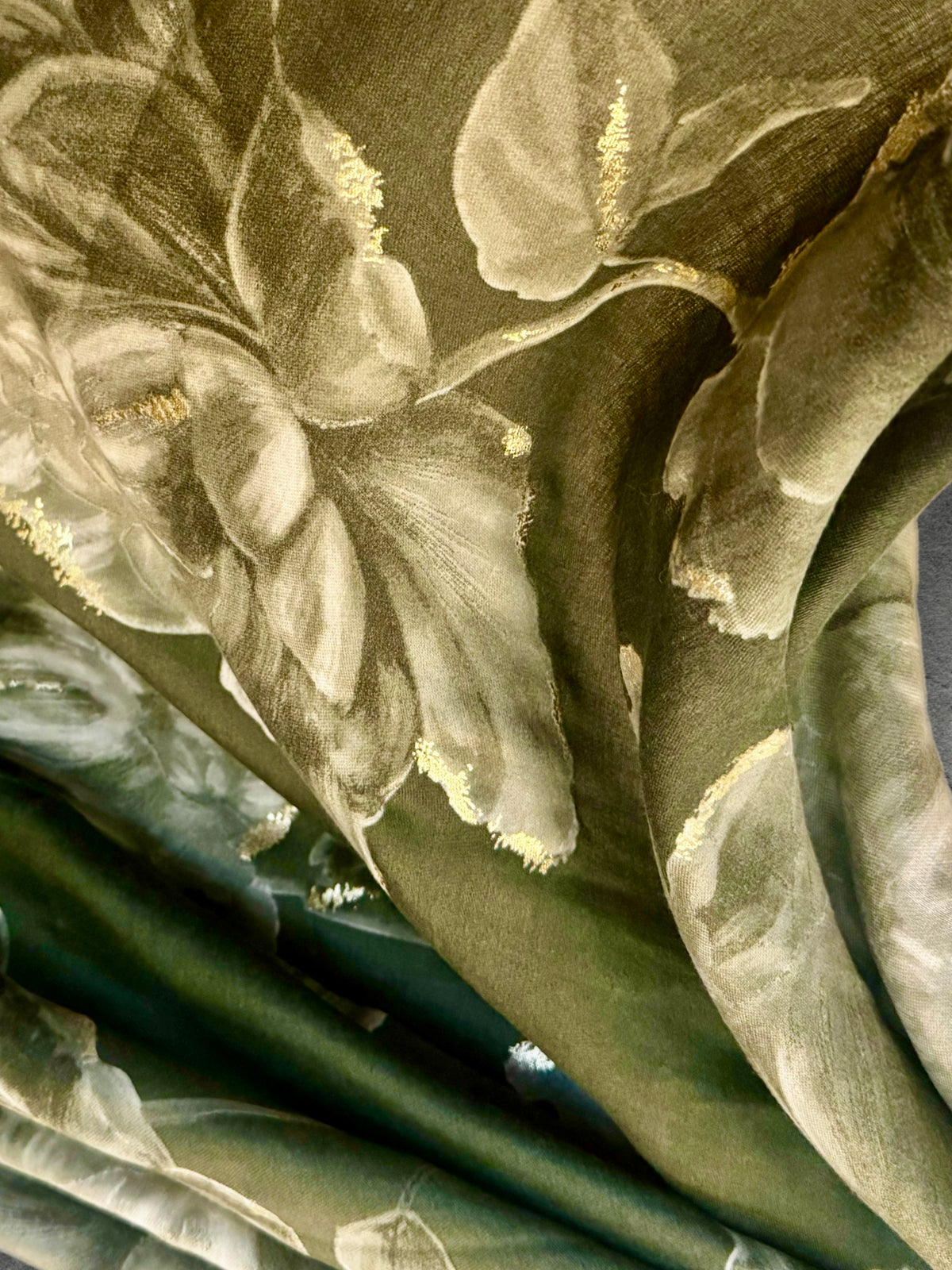 Olive Green Peony Floral Scarf with Gold Accents for Women