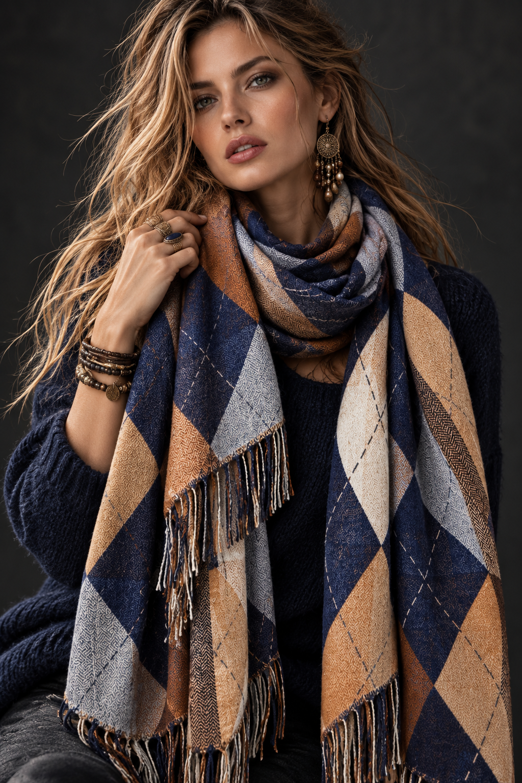 Navy Blue Beige Argyle Reversible Winter Scarf