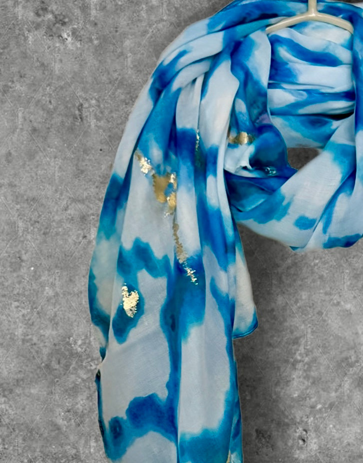 Blue Abstract Print Lightweight Cotton Scarf, Airy Summer Shawl with Gold Detail