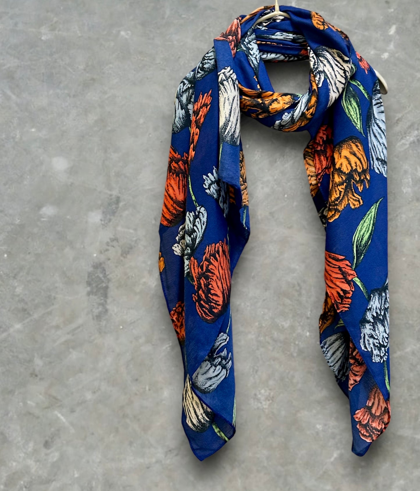 Blue Cotton Scarf with Eco-Friendly Sketched Parrot Tulips Flower Design – A Sustainable Gift for Mom and Her, Ideal for Birthday and Christmas Celebrations