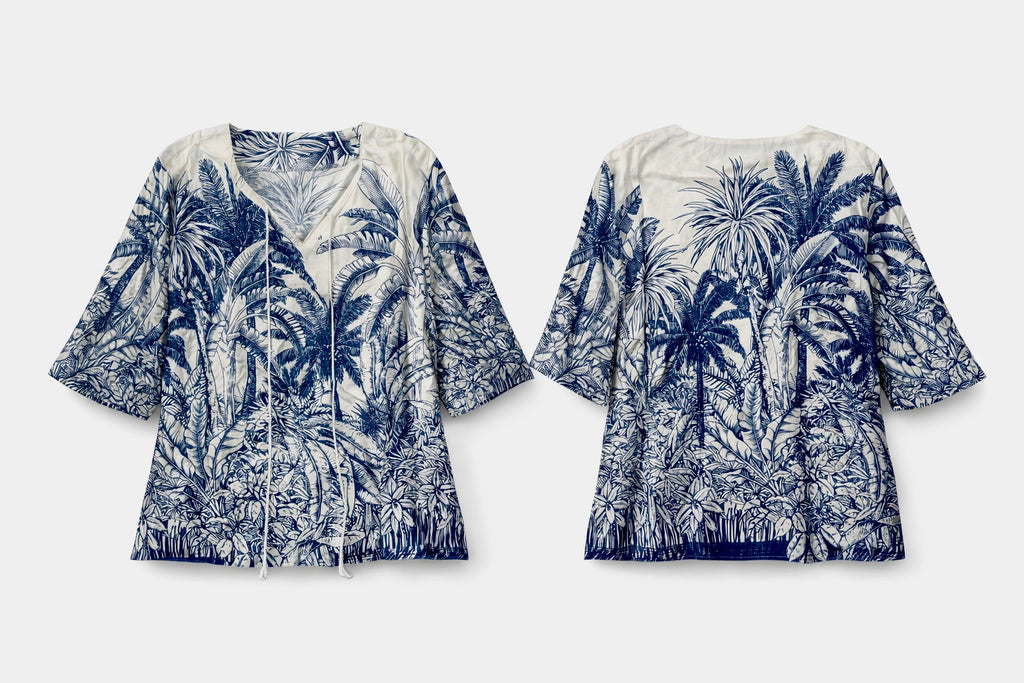 Bohemian Blue Tropical Boho Women Blouse,Botanical Print Tunic Top,Loose Fit Beach Summer Vacation Shirt