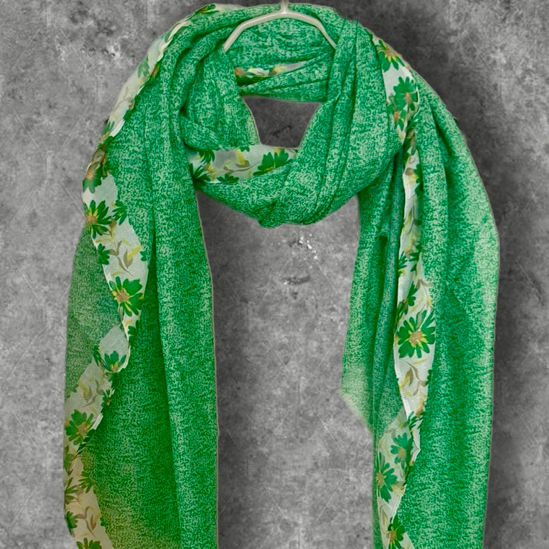 Green Floral Lightweight Cotton Scarf,Summer Wrap for Women