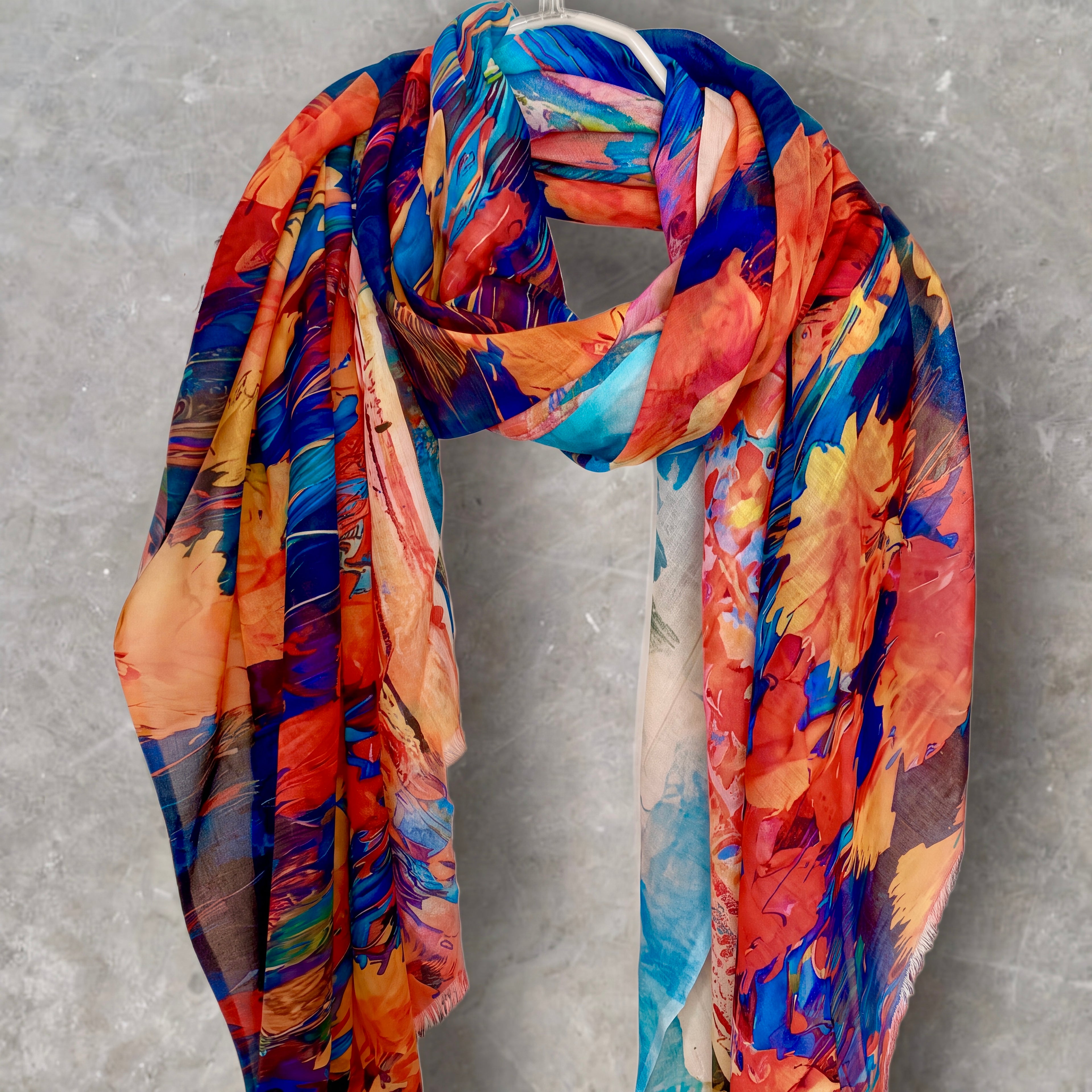 Orange Blue Watercolour Flower Print Cotton Scarf for Women,Lightweight Sheer Summer Wrap,Soft Breathable Shawl.