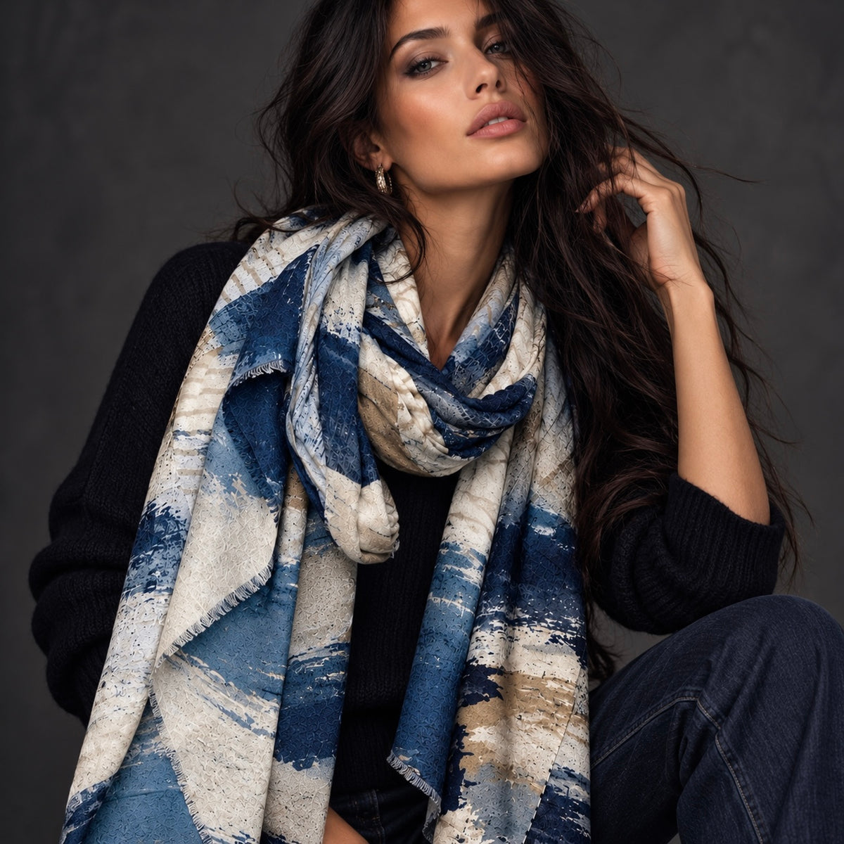 Navy Blue Abstract Brushstroke Winter Scarf