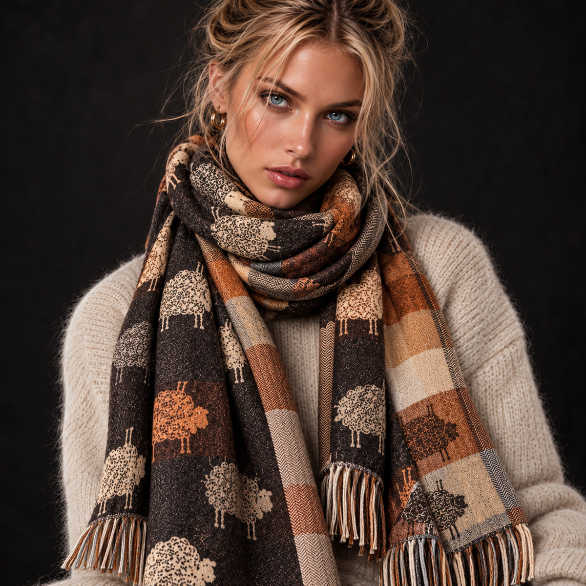 Black Charcoal Sheep Winter Scarf, Reversible Checked Wrap
