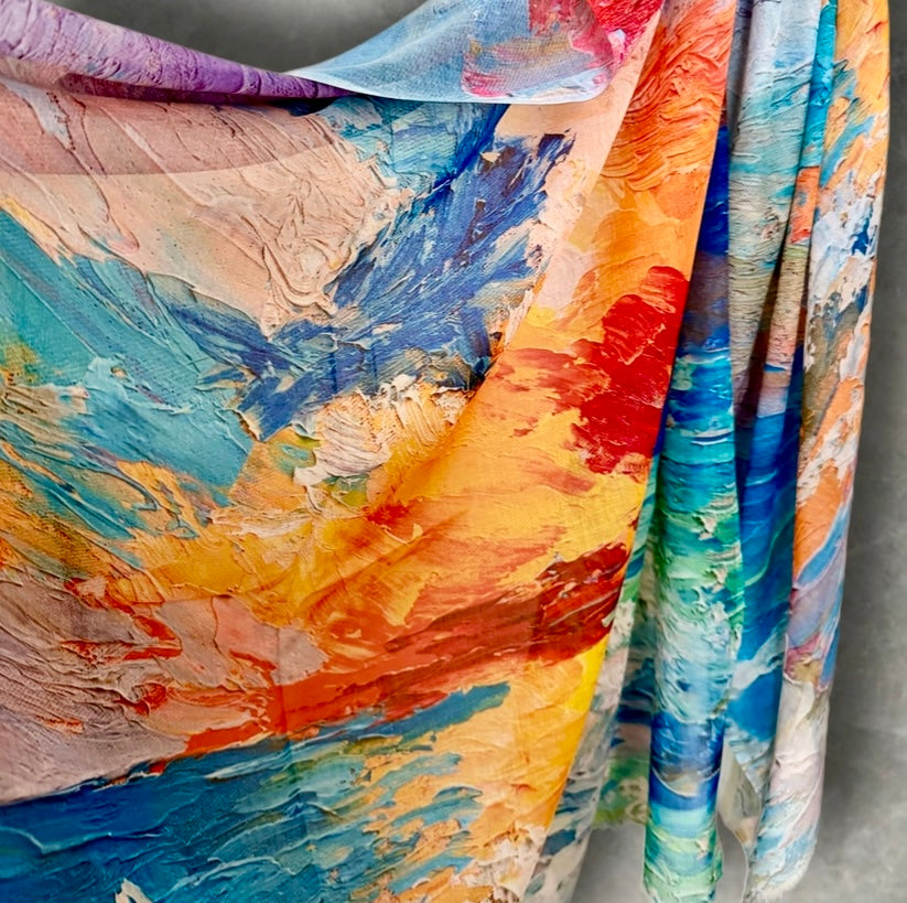 Multicolour Abstract Watercolour Cotton Scarf,Artistic Brushstroke Print Summer Scarf,Lightweight Colourful Shawl