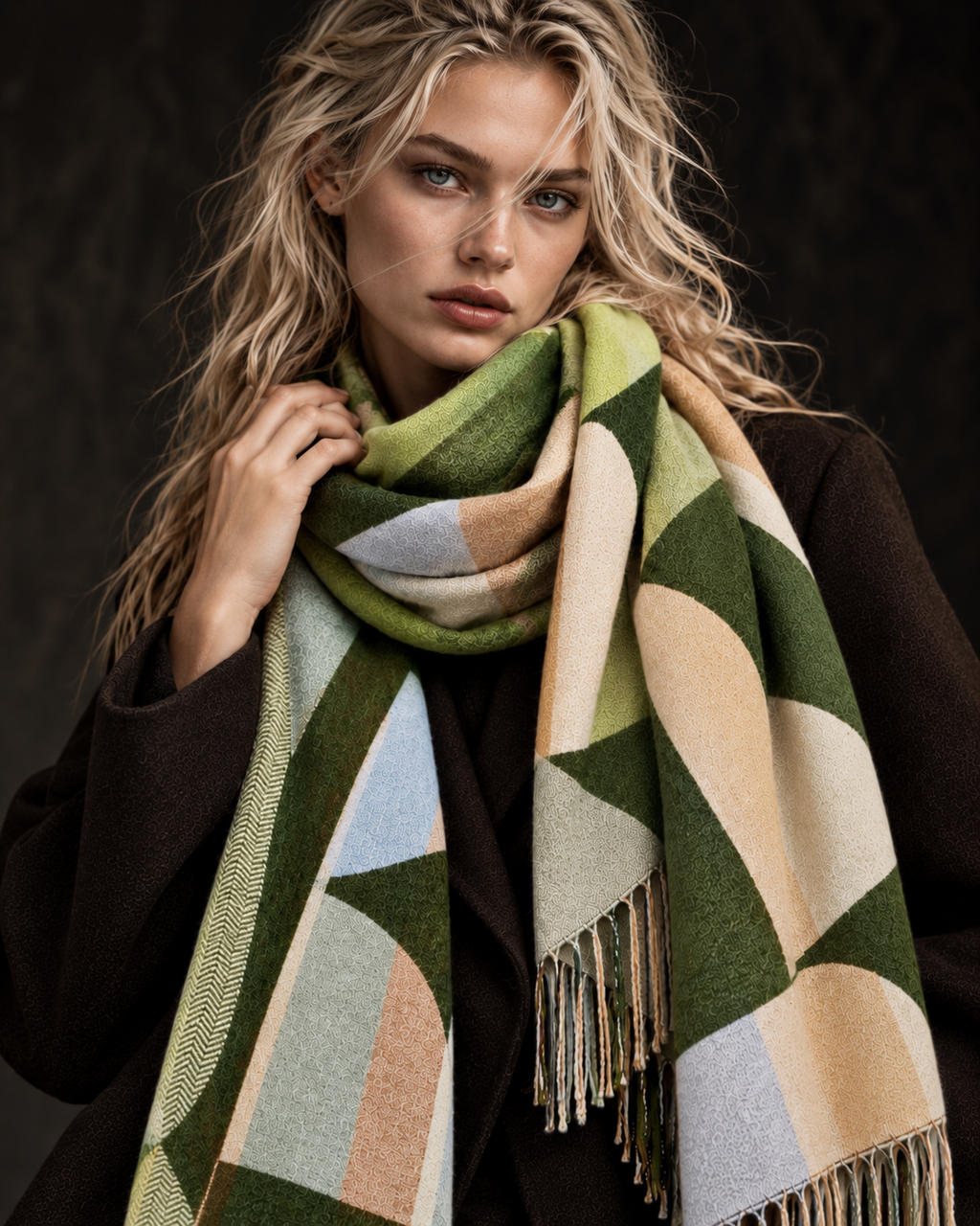 Olive Green Retro Geometric Winter Scarf