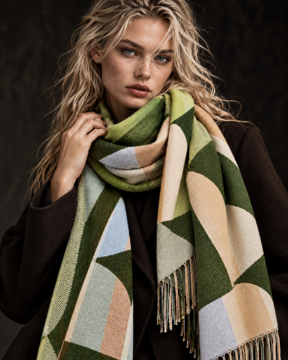 Olive Green Retro Geometric Winter Scarf