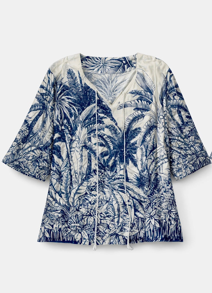 Bohemian Blue Tropical Boho Women Blouse,Botanical Print Tunic Top,Loose Fit Beach Summer Vacation Shirt