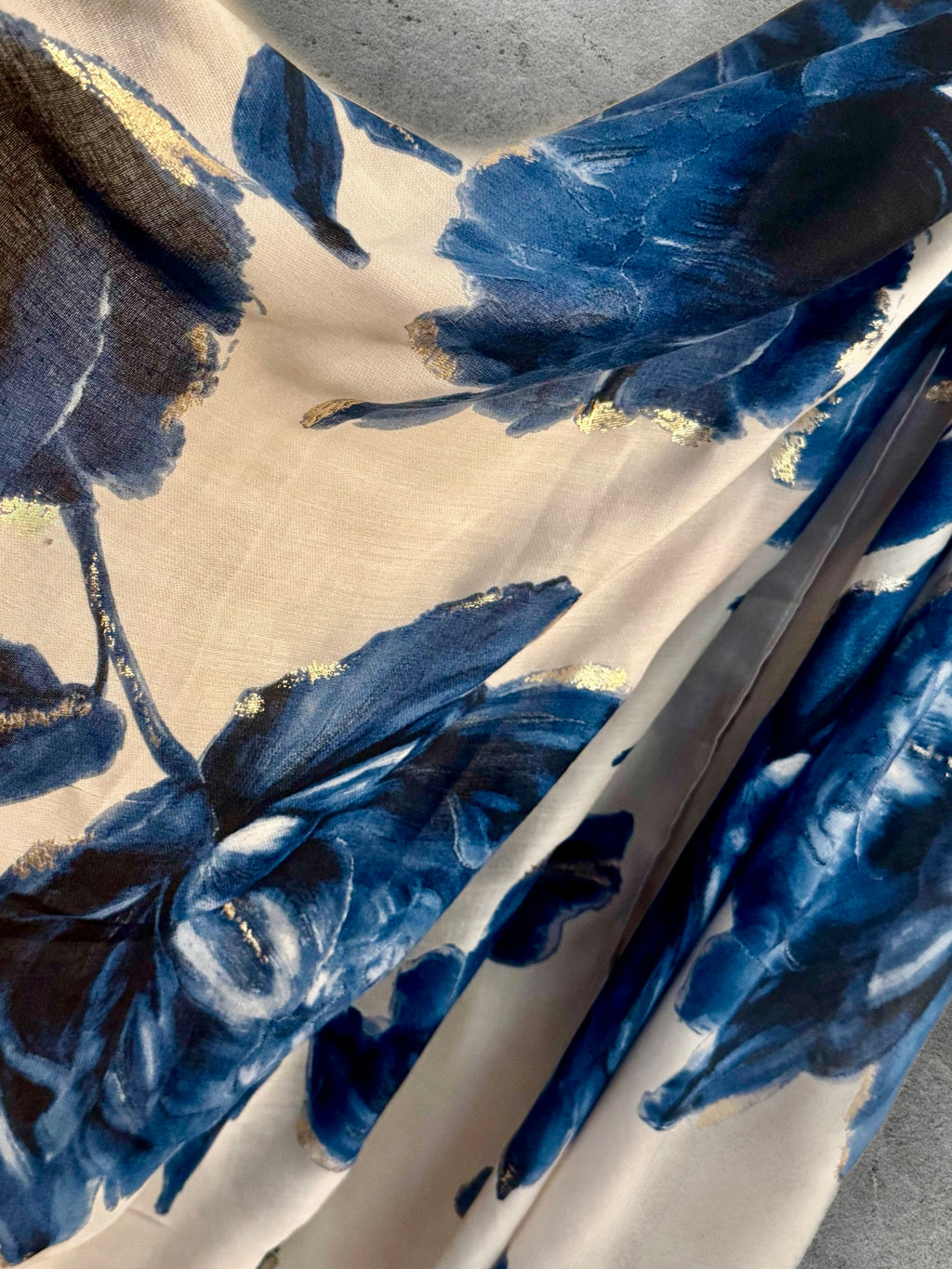 Blue Sketch Peony Scarf with Gold Accents,Elegant Floral Print Wrap