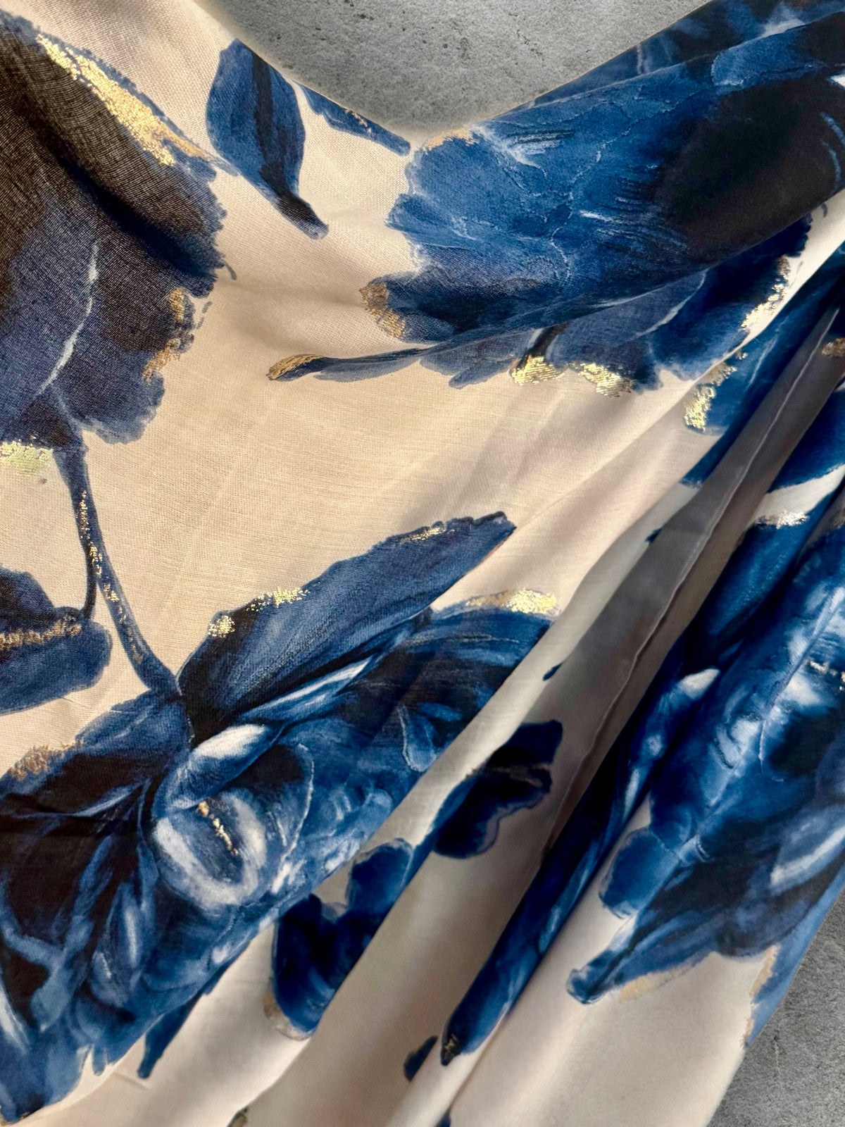 Blue Sketch Peony Scarf with Gold Accents,Elegant Floral Print Wrap
